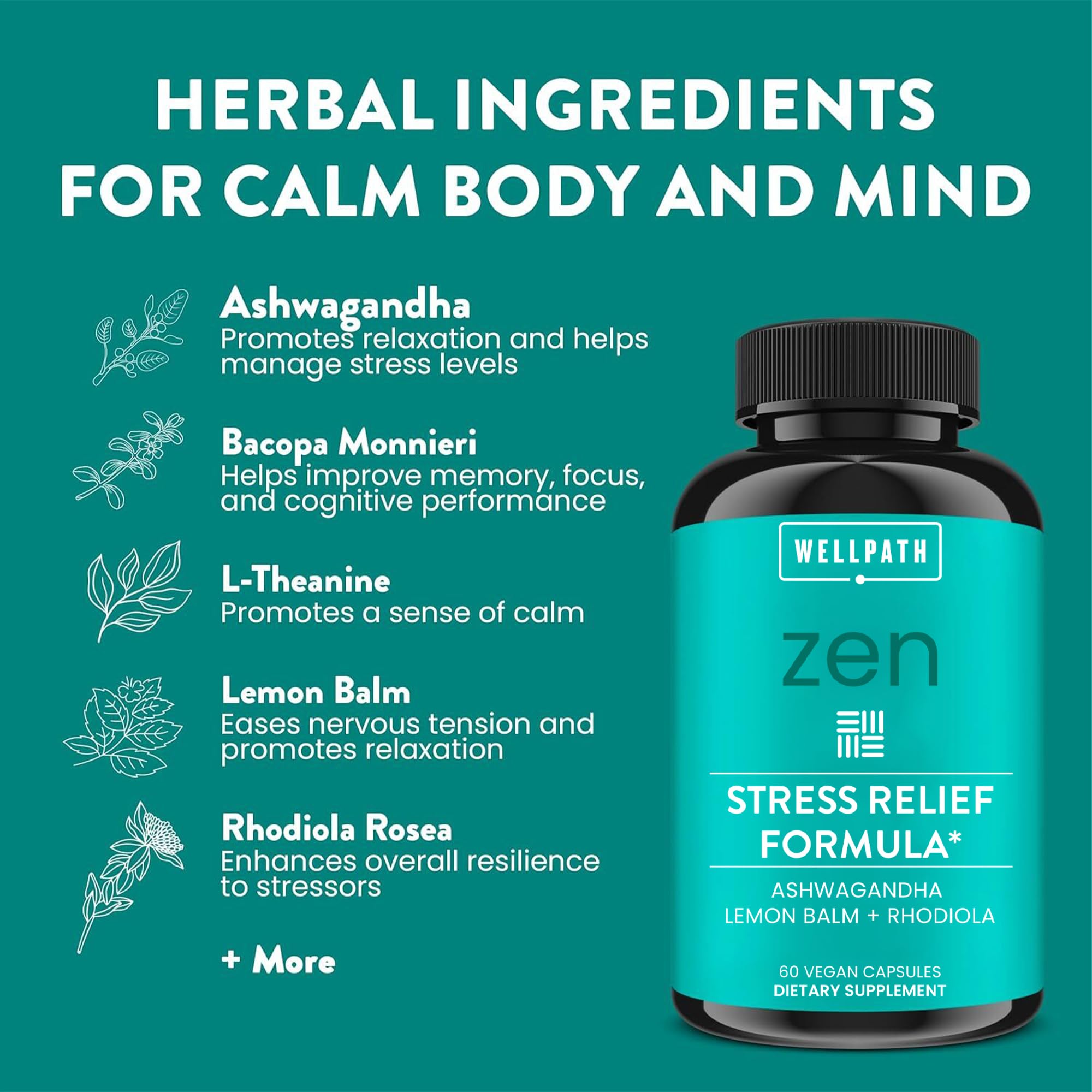 WellPath Zen Stress Relief Supplement + Mood Support | Calm, Stress & Energy Support | Ashwagandha Root, Rhodiola Rosea, L-Theanine, Lemon Balm | Herbal Capsules, 60 Ct WellPathAu supplements