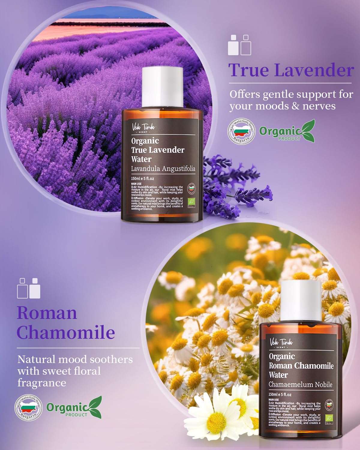 VTS Organic Lavender Water and Roman Chamomile Floral Water with Diffuser, Aromatherapy Air VEDA TINDA SCENTAu supplements