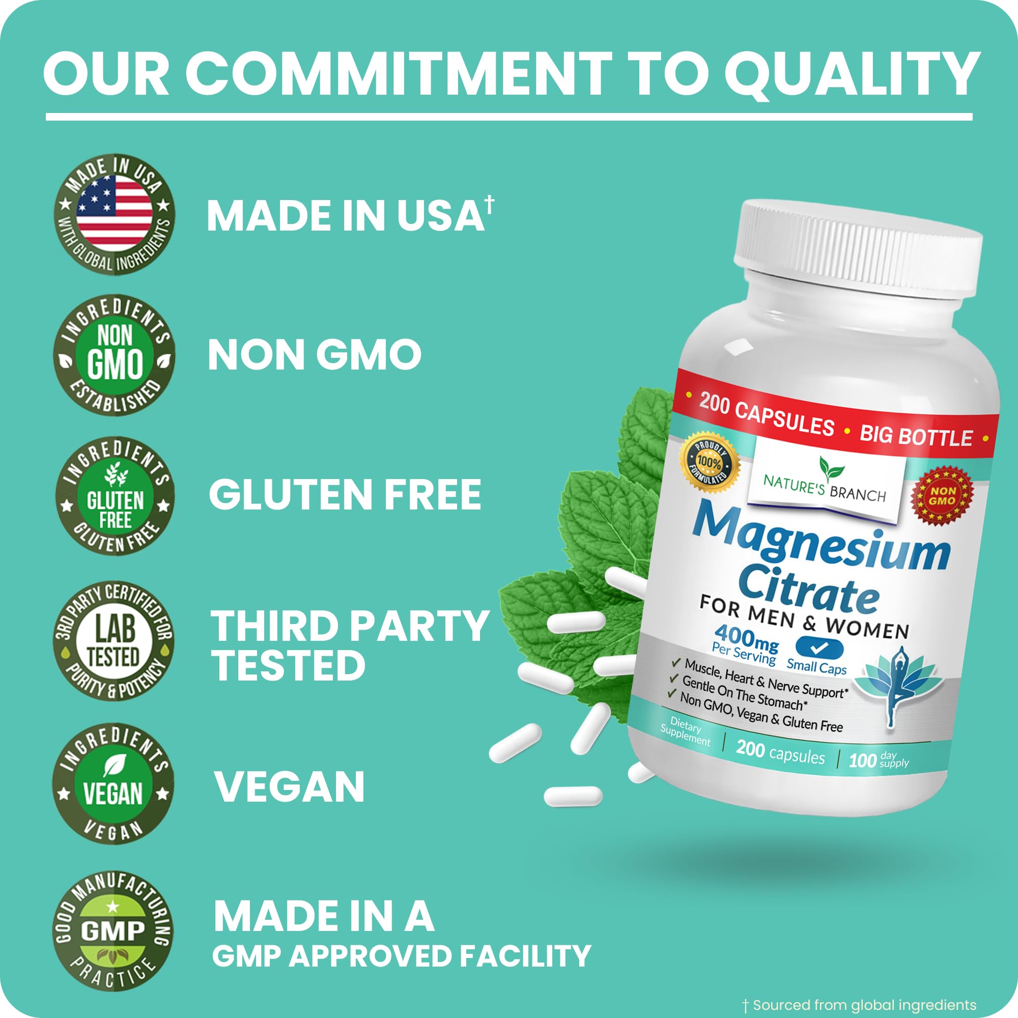 Magnesium Citrate 400mg | 200 Capsules, High Absorption for Sleep, Relax, Leg Cramps, Energy, Extra Strength Easy to Swallow Small Pills for Women & Men, Vegan Supplement for Digestion, Not Tablets NATURE'S BRANCHAu supplements