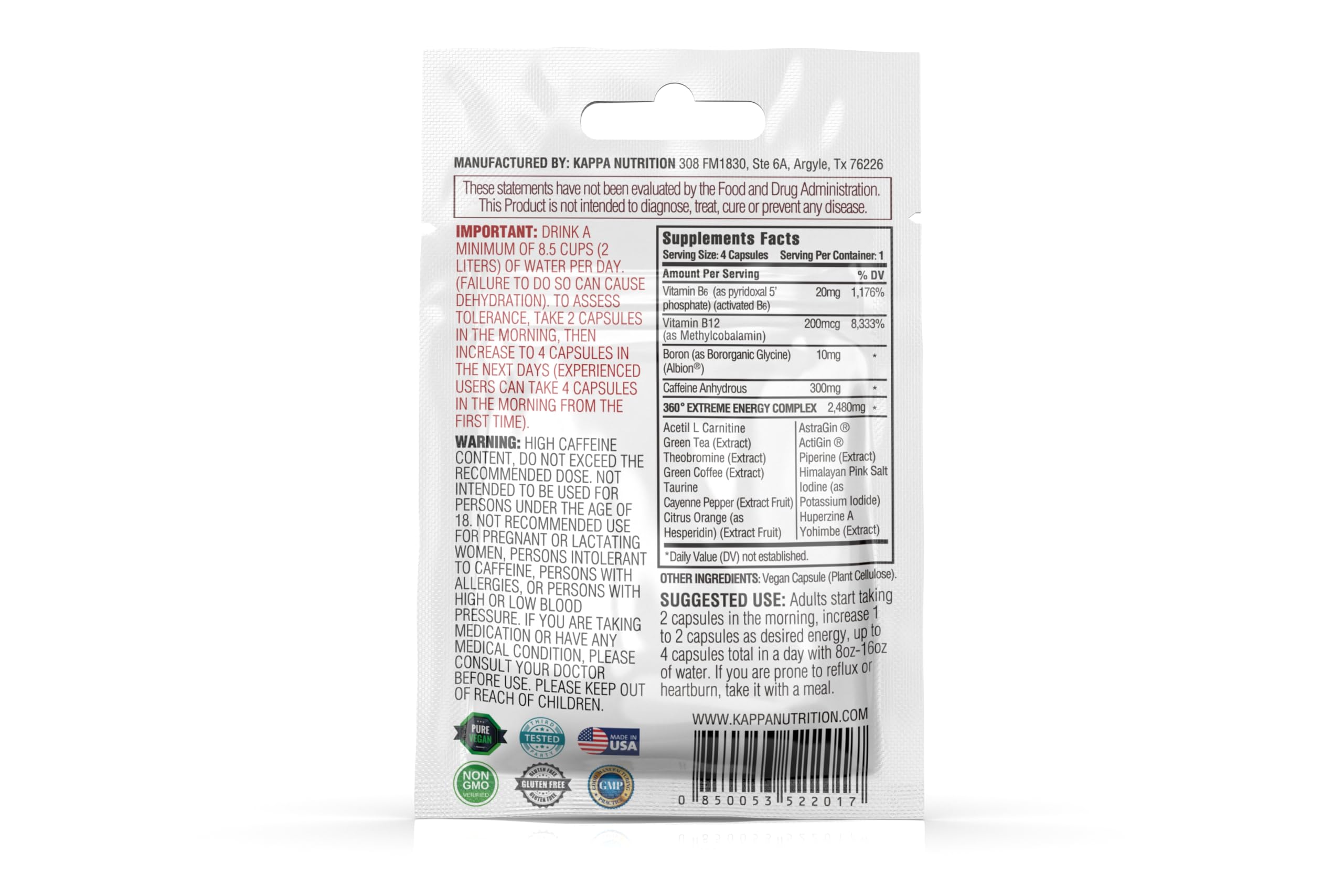 360 Extreme Energy, Memory & Focus (1 Display 20 Sachets (4 Capsules ea) KAPPA NUTRITIONAu supplements