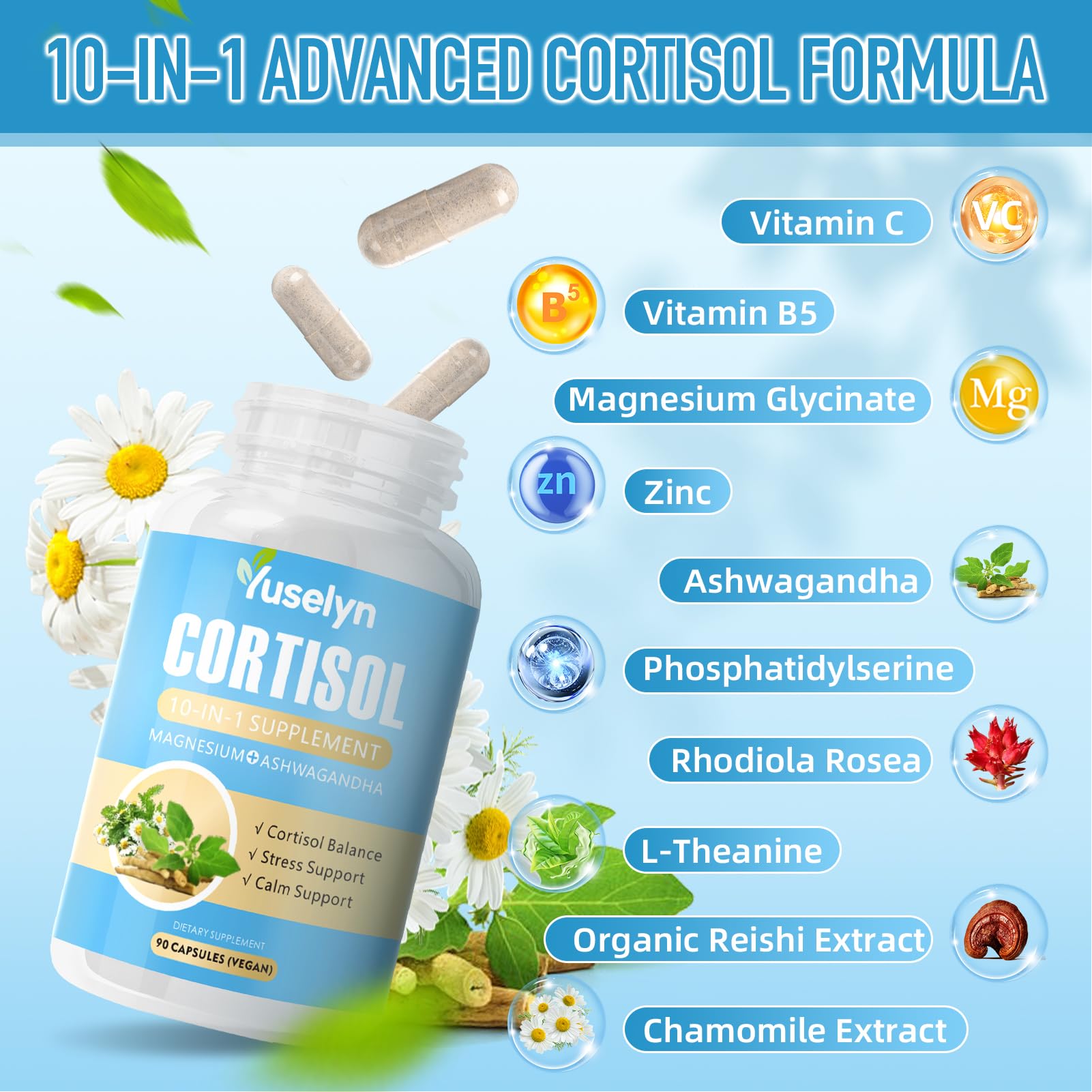 Yuselyn Cortisol Supplements for Women & Men, 10-in-1 Cortisol Detox Manager - High Cortisol Lowering Supplements with Magnesium, Ashwagandha & L-Theanine for Balanced Calm & Stress Relief YuselynAu supplements