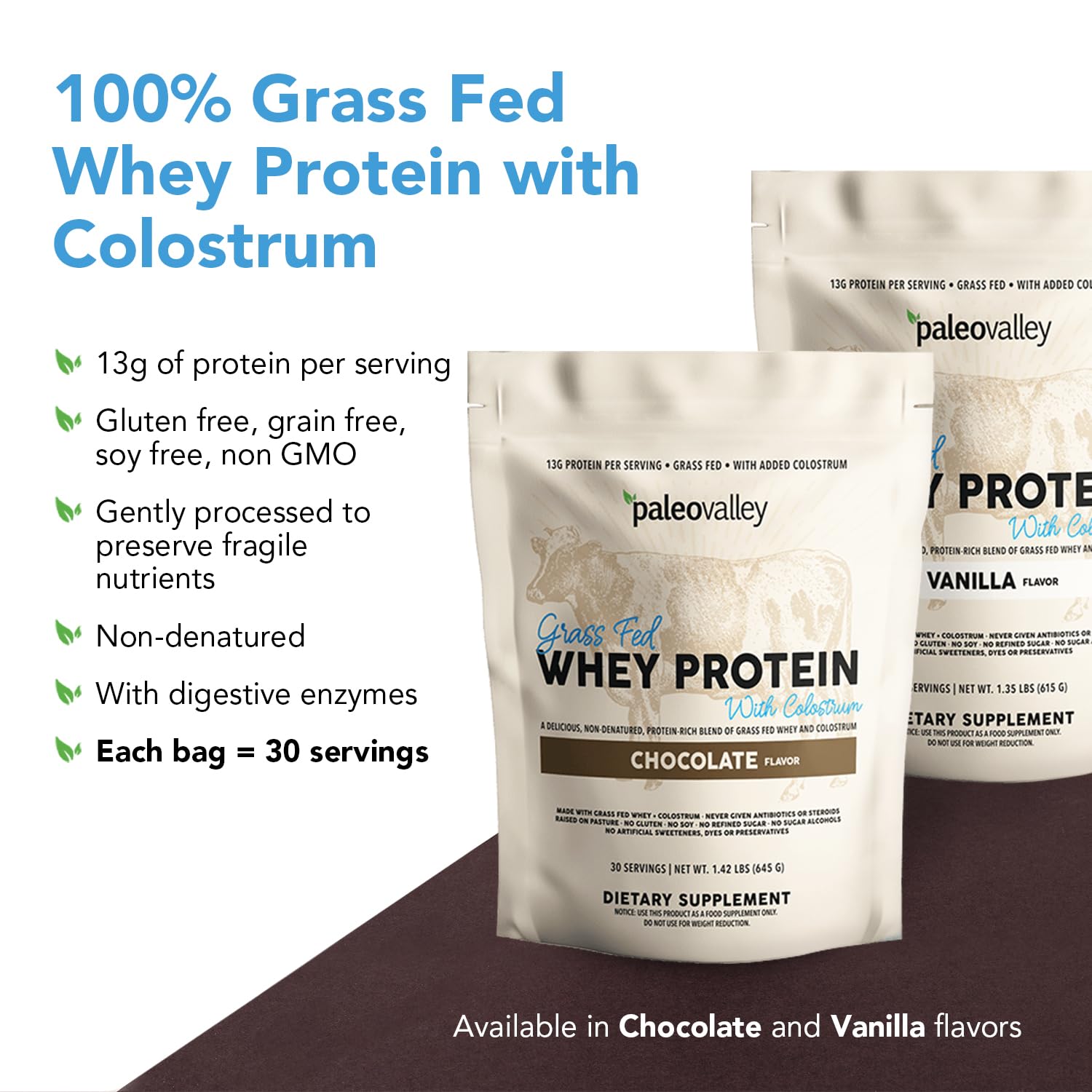 Paleovalley 100% Grassfed Whey Protein Powder with Colostrum, 30 Serving - Vanilla, 13g Protein, Muscle Building, Immune Support, Gut Health PaleovalleyUS supplements