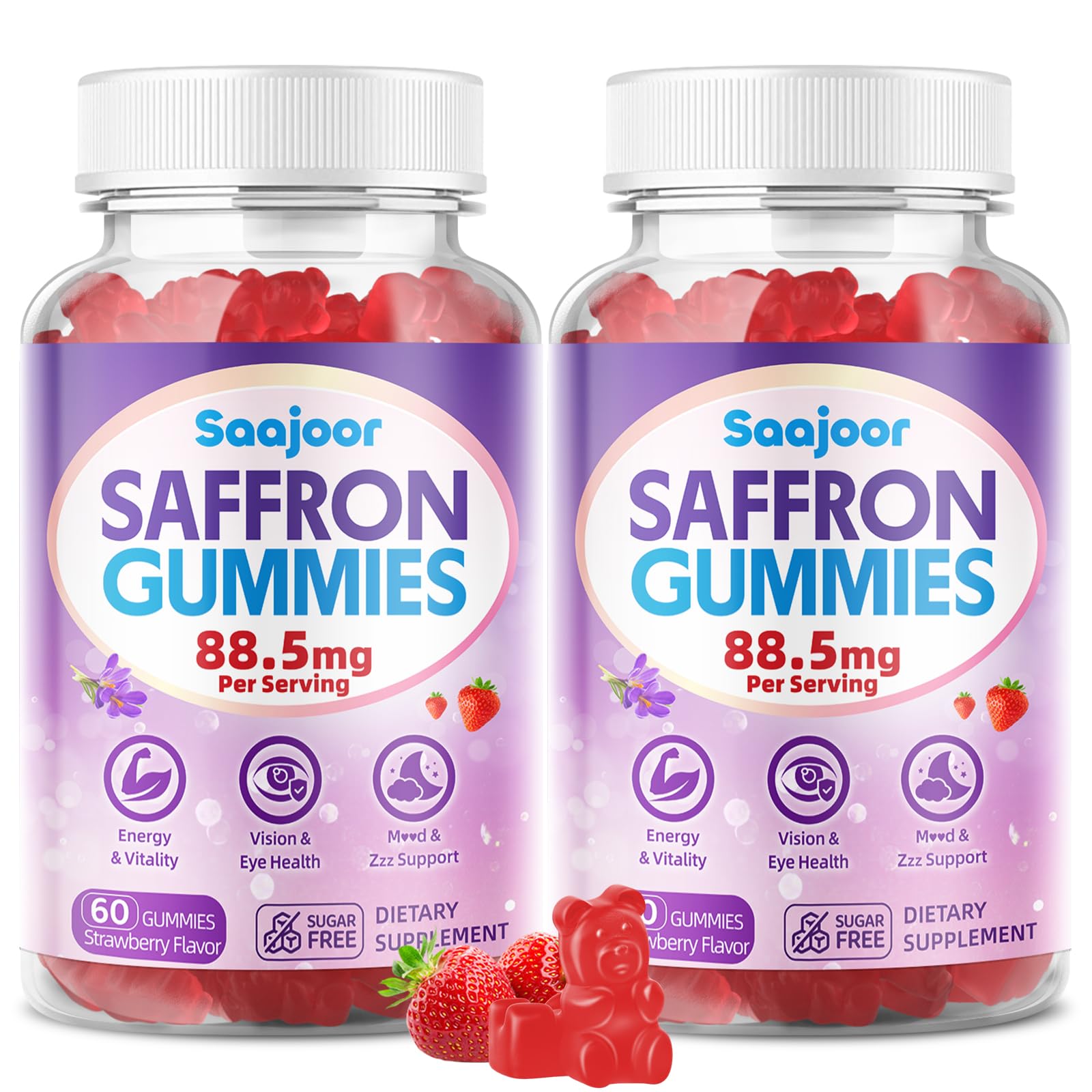 Saffron Gummies for Adult Kids - with Saffron 88.5mg, Vitamins D3 & B6, Magnesium, Zinc, Ashwagandha, L - Theanine, St. John's Wort - Supports Mood & Focus, Strawberry Flavor, 120 Count SaajoorAu supplements