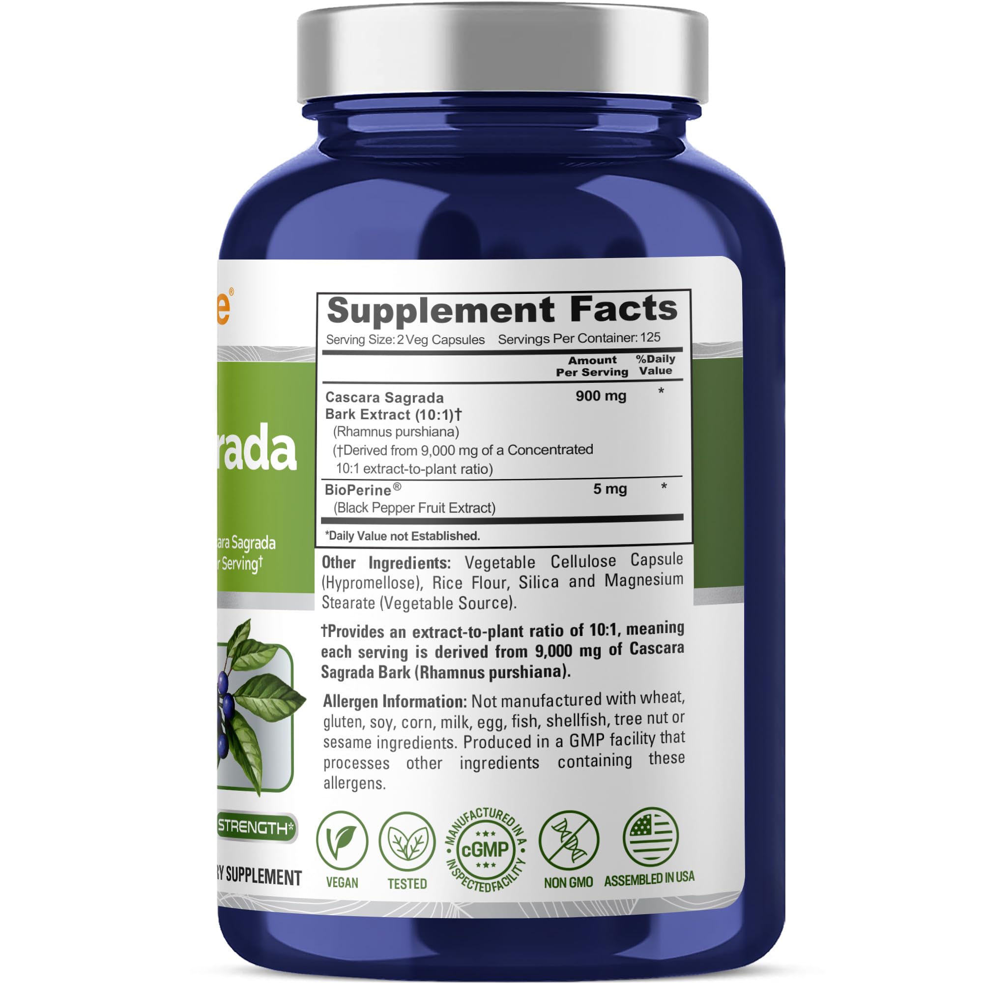 NusaPure Cascara Sagrada 10:1 Extract, 900 mg Equivalent to 9,000 mg per Veggie Caps - 250 Capsules (Non-GMO, Vegan) NusaPureAu supplements