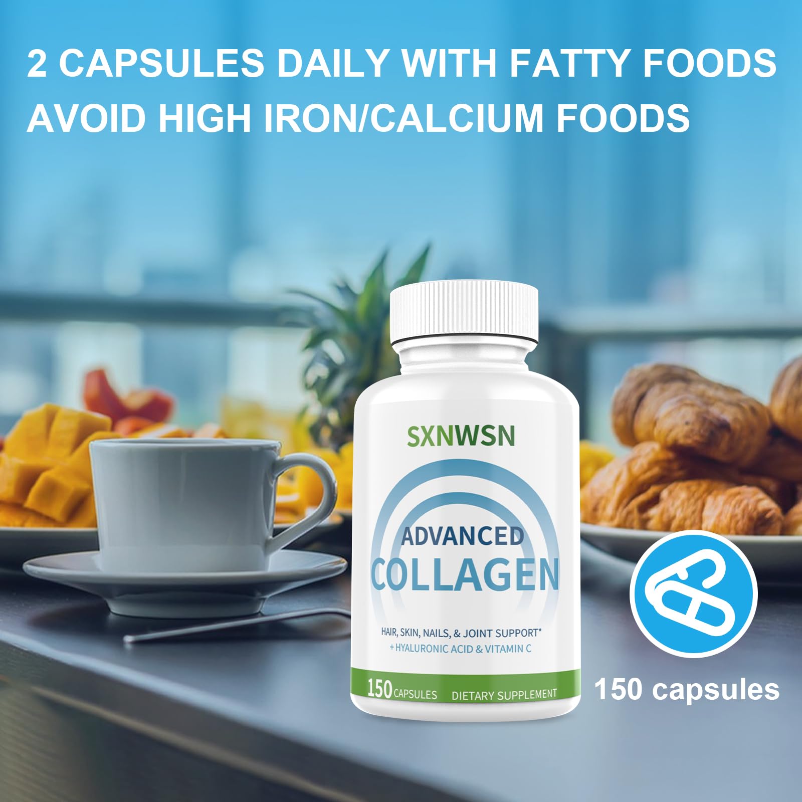 Advanced Multi Collagen Supplement with Vitamin C + Hyaluronic Acid - Hydrolyzed Collagen Peptides Supports for Skin, Joints & Hair* | Collagen Complex 150 Capsules for Women or Men SXNWSNAu supplements