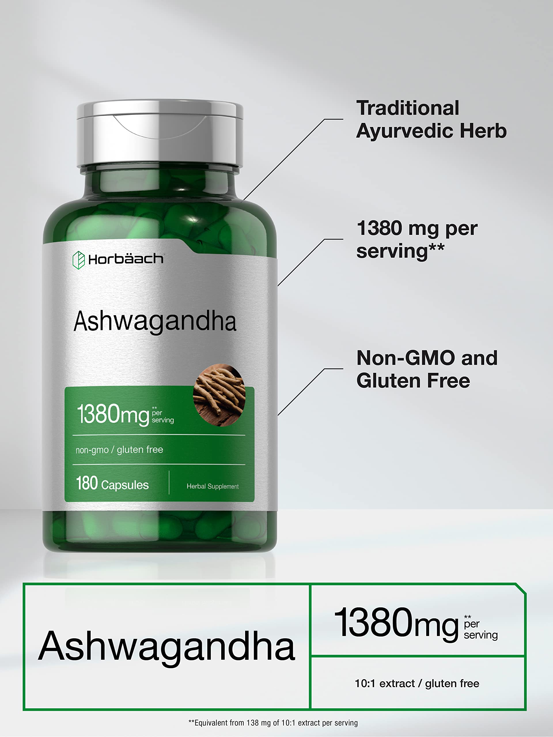 Horbäach Ashwagandha Root Supplement | 180 Capsules | for Women and Men | Herbal Extract | Non-GMO, Gluten Free HorbäachAu supplements