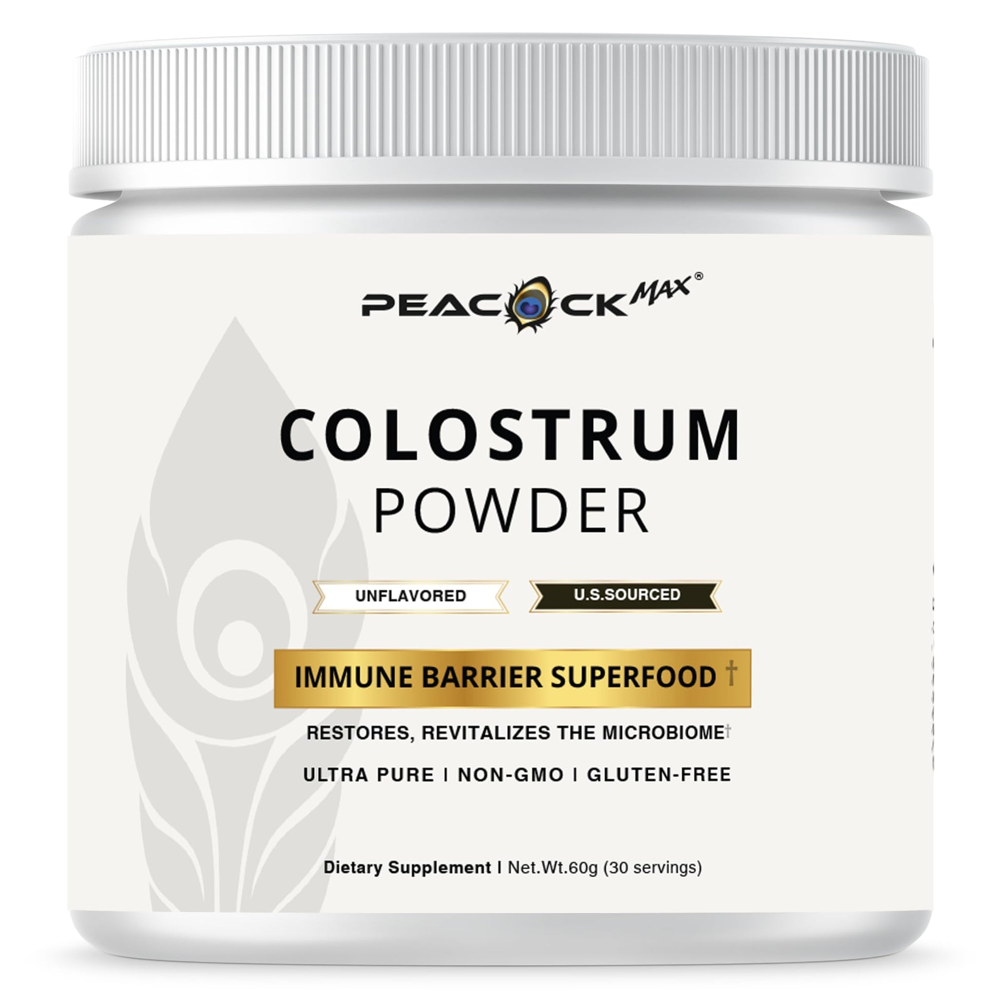Peacock Max Colostrum Powder – 60g (30 Servings), Unflavored Bovine Colostrum Supplement, Superfood for Hair, Skin & Gut Health, Gluten-Free, Non-GMO Peacock MaxAu supplements
