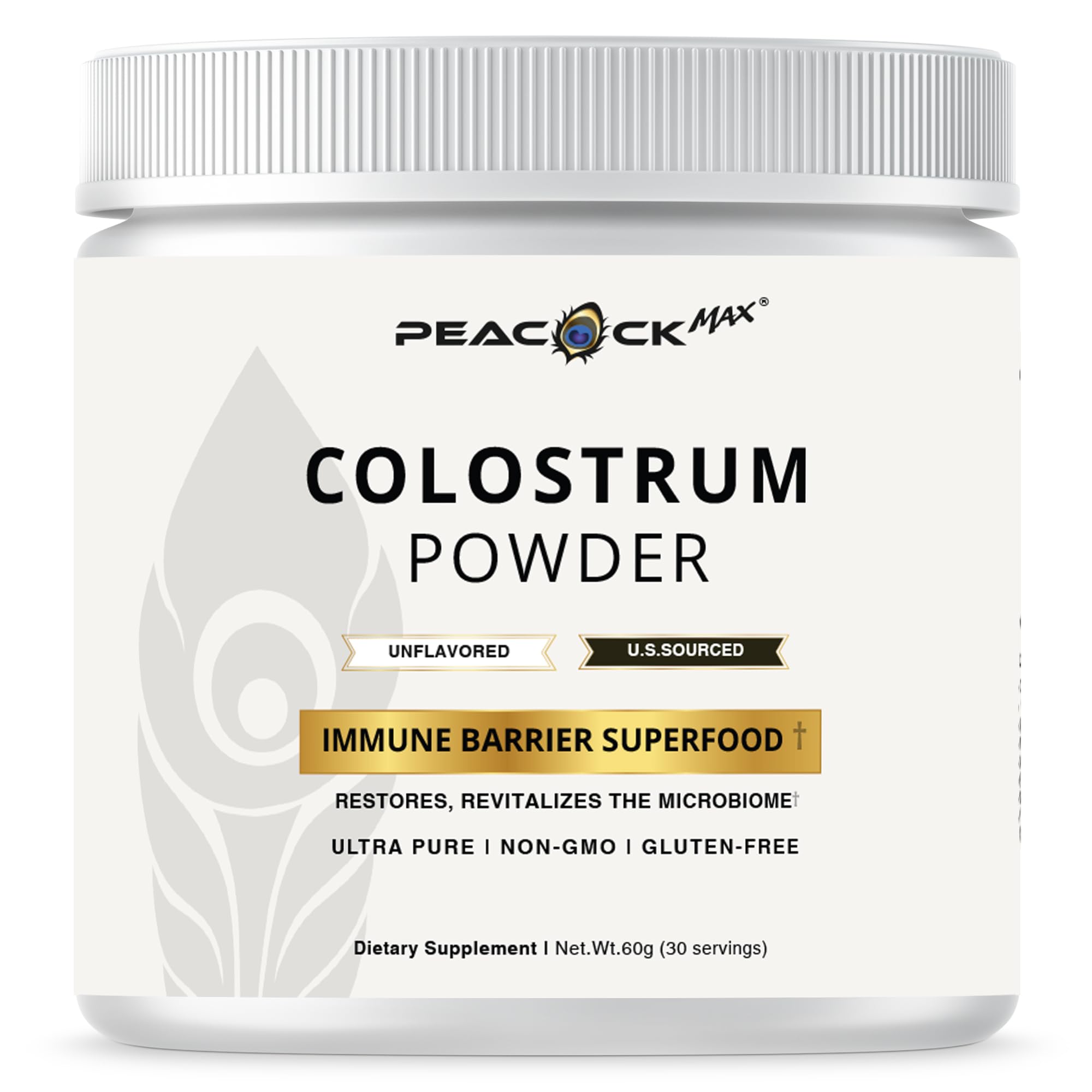Peacock Max Colostrum Powder – 60g (30 Servings), Unflavored Bovine Colostrum Supplement, Superfood for Hair, Skin & Gut Health, Gluten-Free, Non-GMO Peacock MaxAu supplements