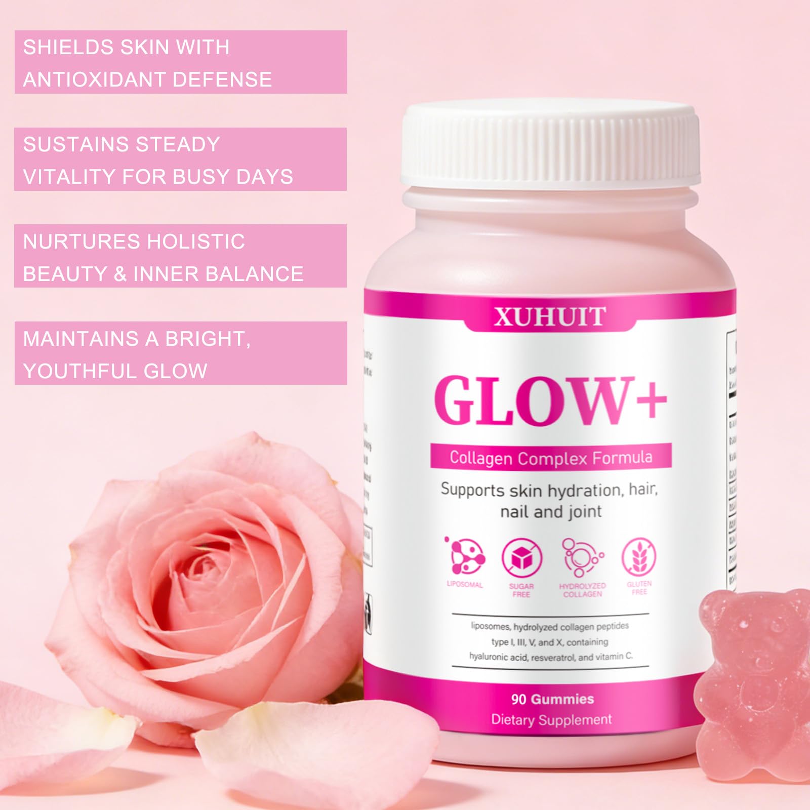 PBZPBZ Glow Collagen Gummies with Hyaluronic Acid & Resveratrol | Gentle Support for Skin, Hair & Nail Care | Non-GMO | 90 Count (1) PBZPBZAu supplements