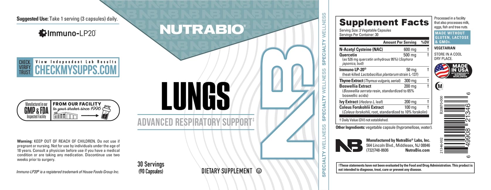 NutraBio Lungs Supplement - Blend of Immuno-LP20 and Natural Extracts to Help Support Respiratory & Immune Health - 90 Capsules NutraBioAu supplements
