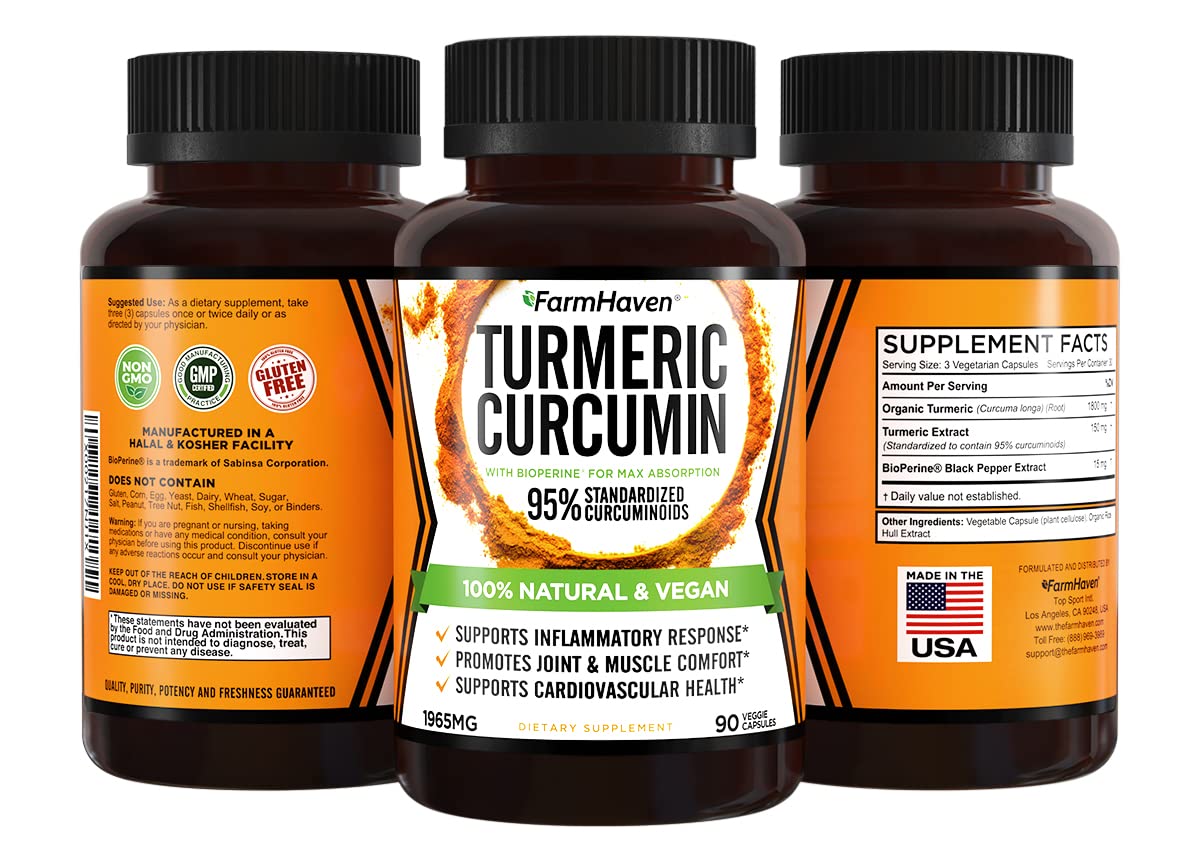 Turmeric Curcumin with BioPerine Black Pepper & 95% Curcuminoids, 1965mg, Maximum Absorption for Joint Support, Non-GMO Turmeric Capsules, FarmHavenUS supplements