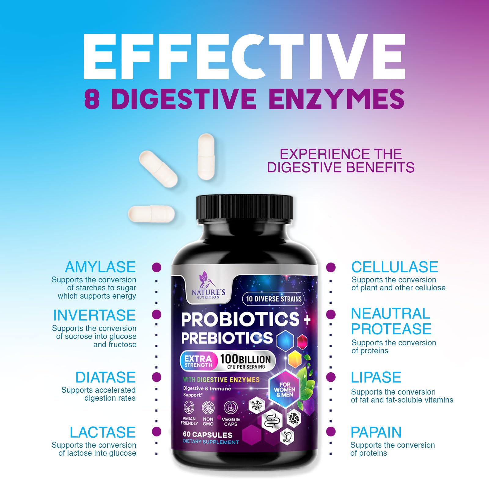 Probiotics 100 Billion CFU Per Serving - 10 Probiotic Strains & Prebiotics - Digestive Gut Health, Immune Support & Occasional Constipation, Gas & Bloating - Daily Supplement For Adults - 60 Capsules Nature's NutritionAu supplements