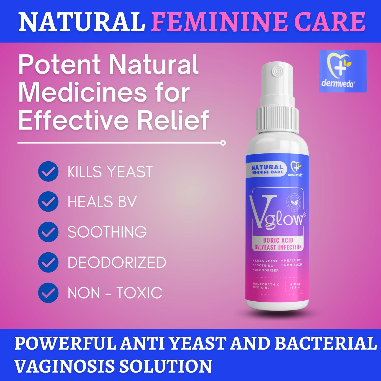 Dermveda Boric Acid BV Relief for Women - Natural Yeast Infection, Odor, Itch Relief Solution - Treats Yeast Infection Symptoms with Effective Boric Acid Formula. DermvedaUS supplements