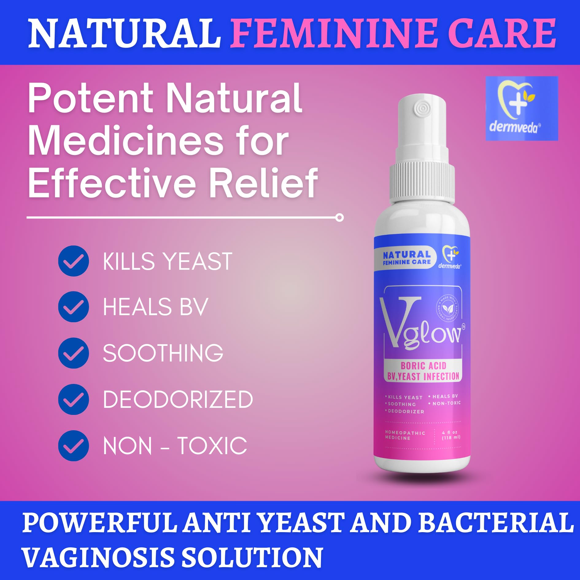 Dermveda Boric Acid BV Relief for Women - Natural Yeast Infection, Odor, Itch Relief Solution - Treats Yeast Infection Symptoms with Effective Boric Acid Formula. DermvedaUS supplements