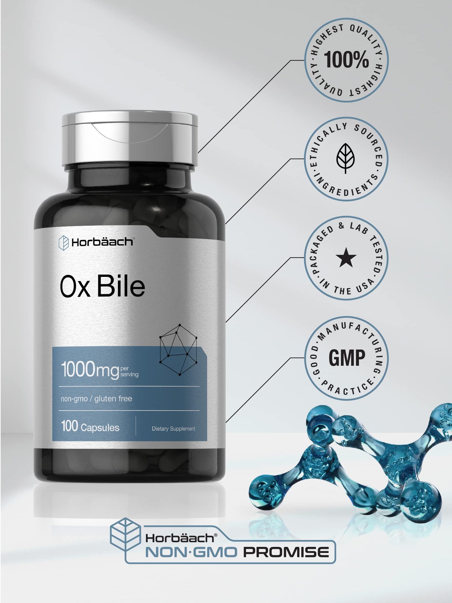 Ox Bile 1000 mg 100 Capsules | Digestive Enzymes Supplement | Non-GMO & Gluten Free HorbäachUS supplements