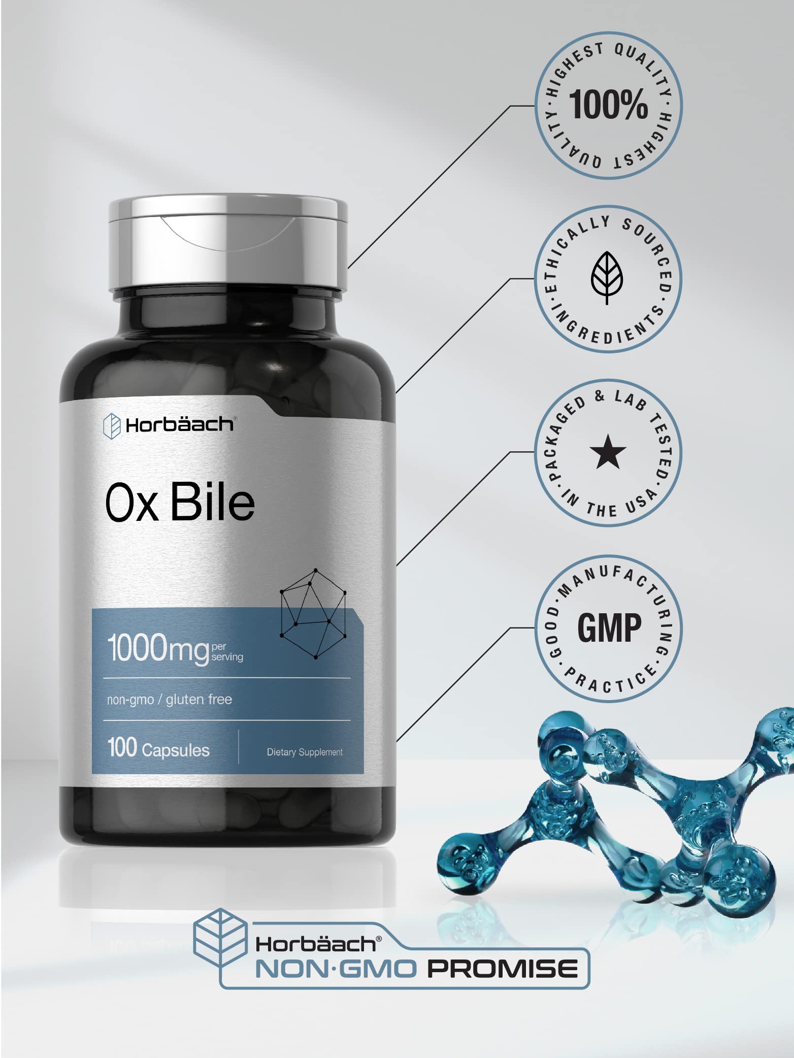 Ox Bile 1000 mg 100 Capsules | Digestive Enzymes Supplement | Non-GMO & Gluten Free HorbäachAu supplements