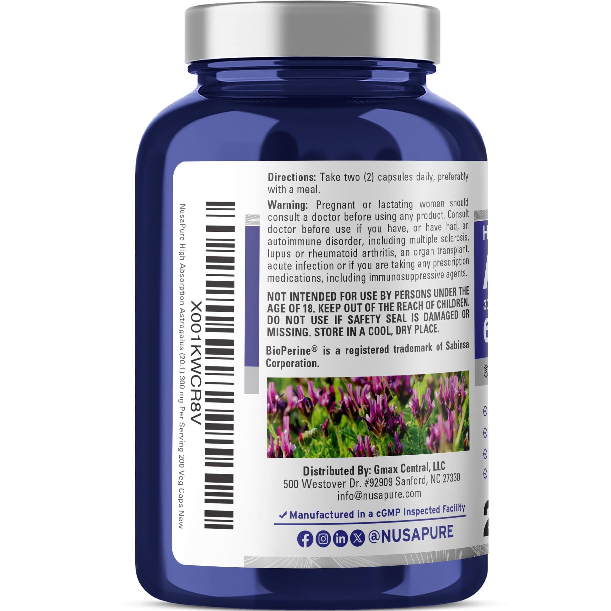 NusaPure Astragalus 20:1 Extract, 300 mg Equivalent to 6,000mg Per Serving, 200 Veggie Capsules, Vegan, Non-GMO & Bioperine NusaPureAu supplements