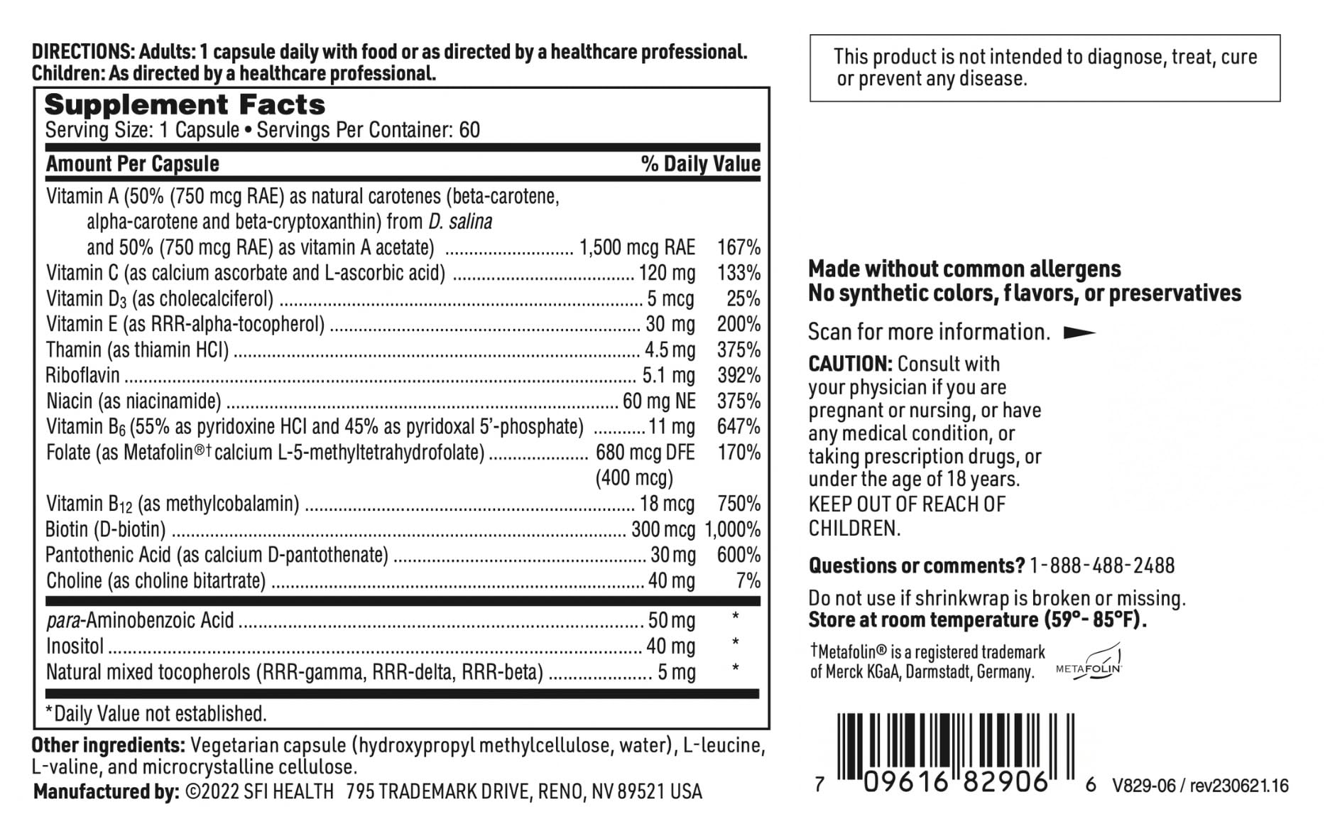 SFI Health Klaire Labs Multi-Vitamin Complex - Hypoallergenic Once-Daily Mineral-Free Multivitamin with Metafolin Folate SFI HealthAu supplements