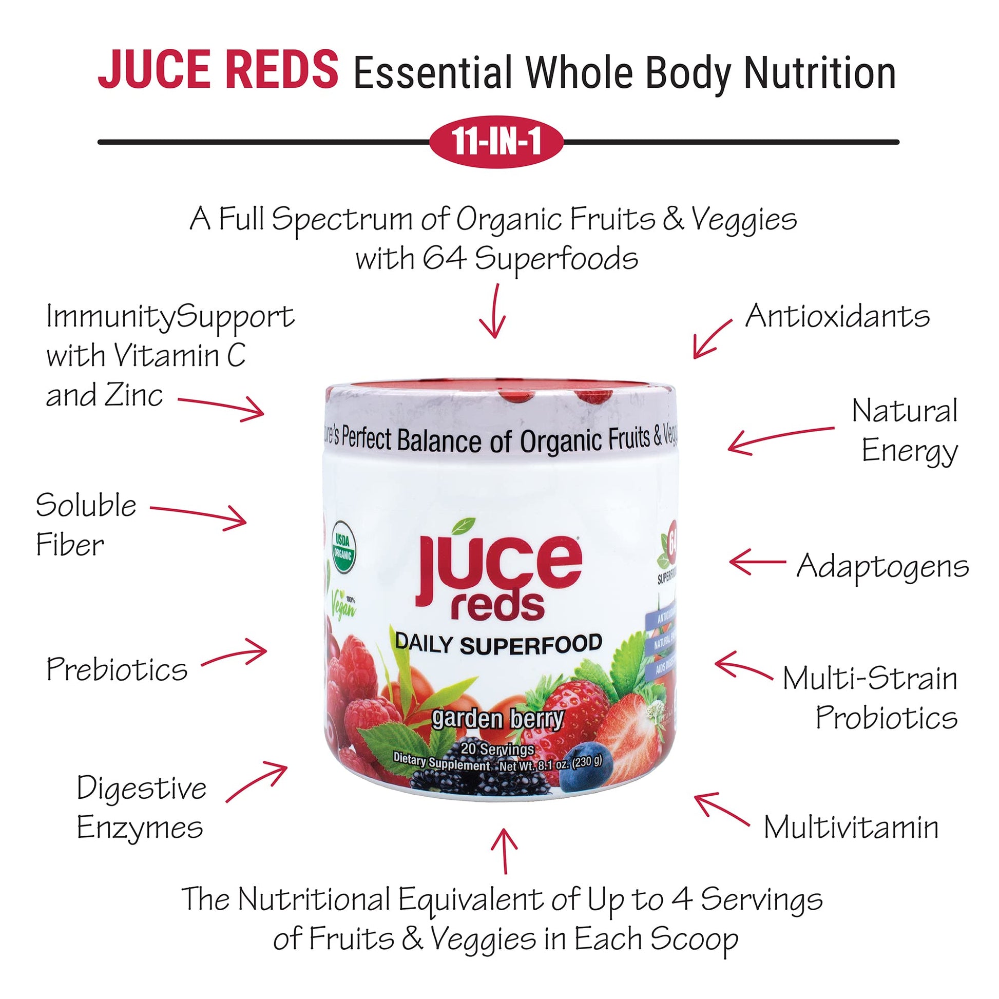 Terra Kai Organics JUCE Reds Organic Superfood Powder - Garden Berry Flavor | Fruit & Veggie Powder for Everyone w/64 Immune Boosting Superfood Plus Probiotics for Gut Health | 20 Servings (230g) Terra Kai OrganicsAu supplements