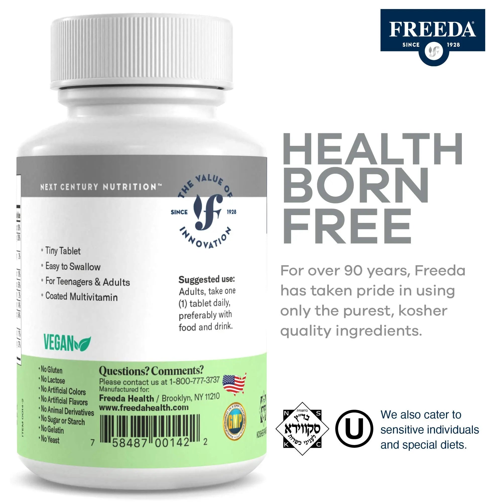 Freedavite Tiny Tablet - Moderate Multivitamin for Men and Women - Pure Vitamin A, C, D, E, B1, B2, B6, B12, Biotin, Calcium, Zinc, Iron, Magnesium FREEDAAu supplements