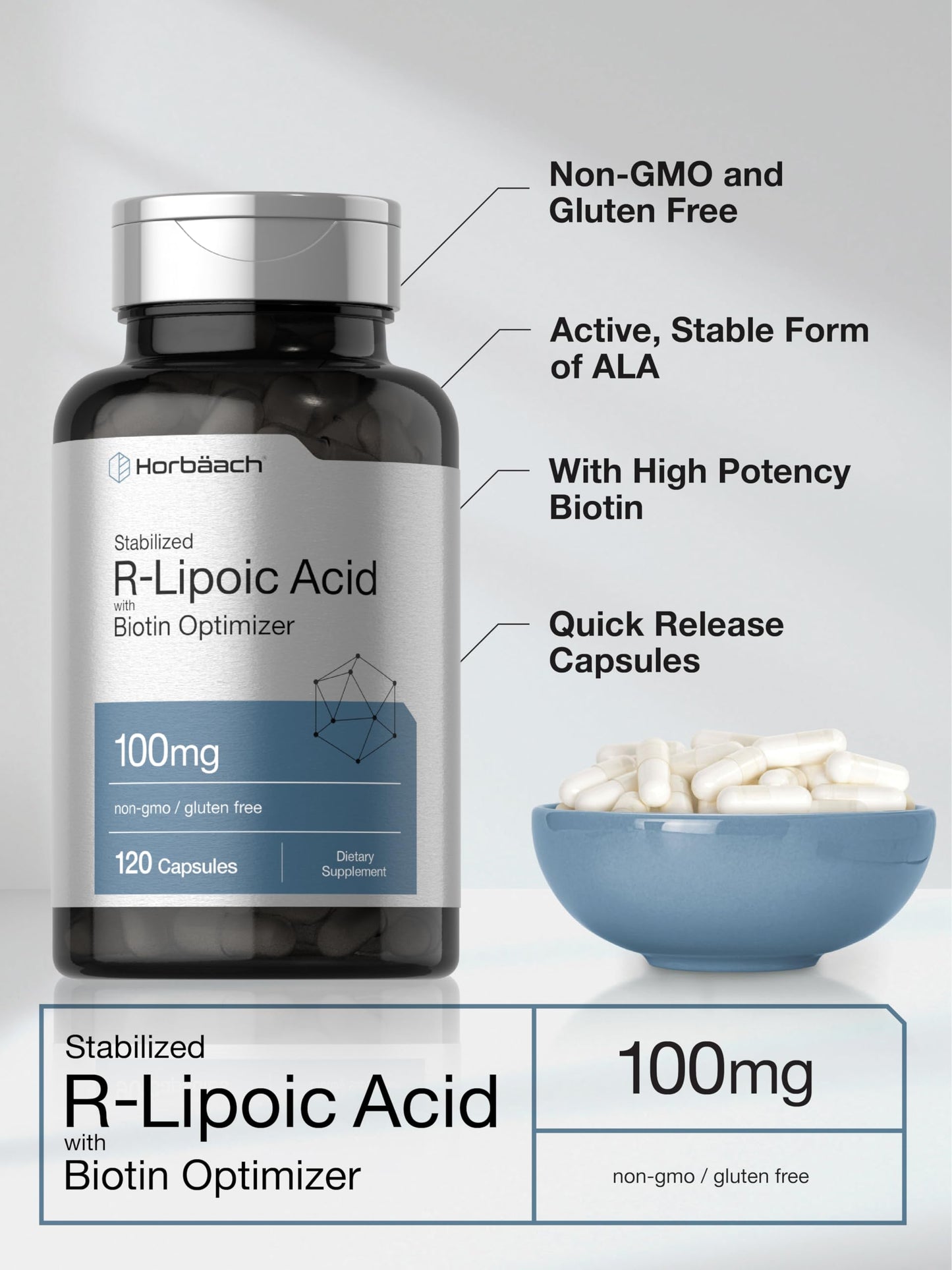 R-Lipoic Acid 100 mg | 120 Capsules | with Biotin Optimizer | Non-GMO, Gluten Free HorbäachUS supplements
