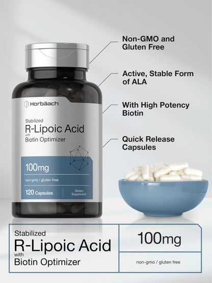 R-Lipoic Acid 100 mg | 120 Capsules | with Biotin Optimizer | Non-GMO, Gluten Free HorbäachUS supplements