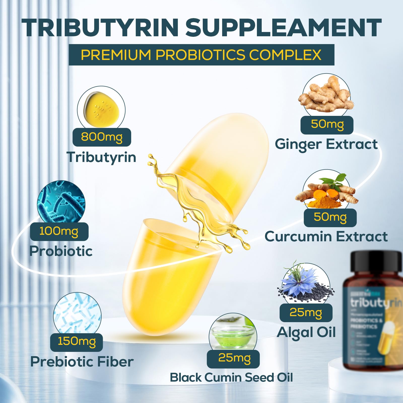Tributyrin Supplement for Gut & Immune 800mg | High Bioavailability with Microencapsulated Probiotics & Prebiotics - Advanced Liquid-Filled Tributyrin Complex, Gluten Free, 90 Capsules QuorinthiumaxAu supplements