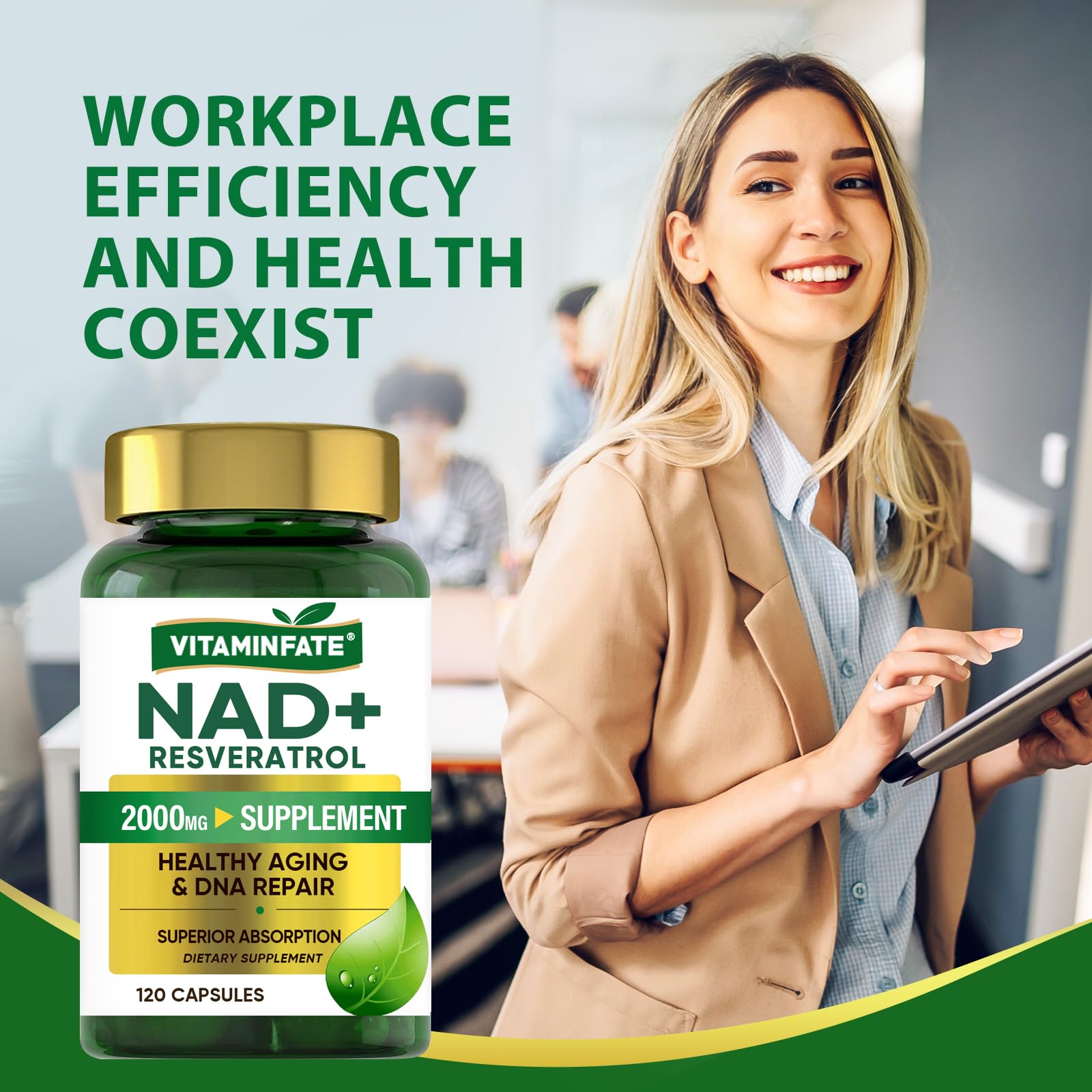 VITAMINFATE NAD+ Supplement 2000 mg - 120 Capsules True NAD+ & Resveratrol, NMN Alternative Supports Anti-Aging, Cellular Energy & Repair, Metabolism & Brain Boost for Men & Women VITAMINFATEAu supplements