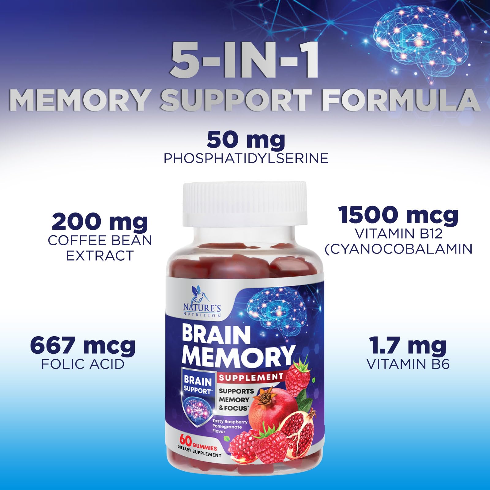 Brain Supplements for Memory & Focus Gummies - Brain Health Clarity with B6 B12 & Phosphatidylserine - Natural Nootropics Cognitive Concentration & Alertness Support Vitamins - 60 Vegan Gummies Nature's NutritionAu supplements