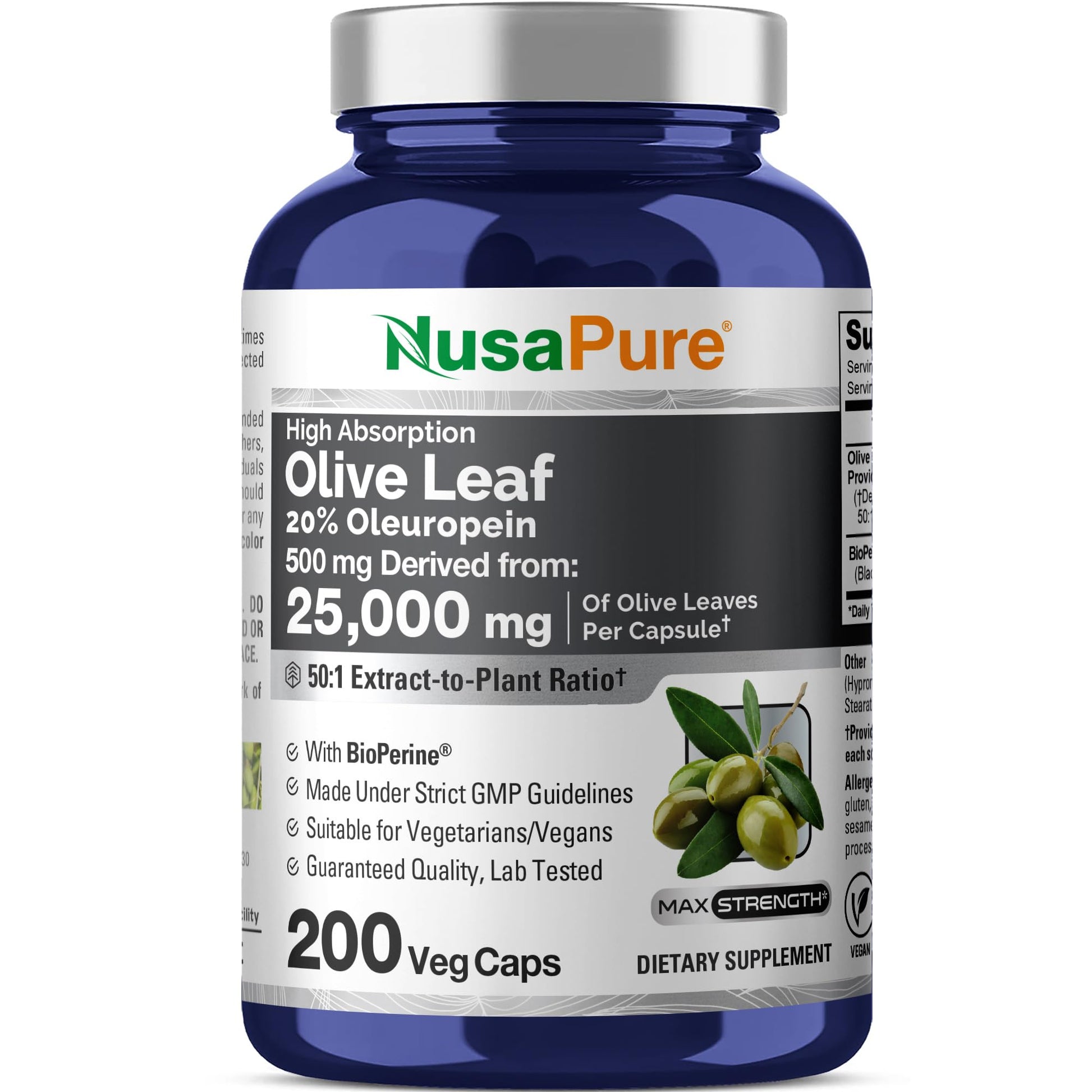 NusaPure Olive Leaf 20% Oleuropein 50:1 Extract, 500 mg Equivalent to 25,000 mg 200 Veg Caps Suitable for Vegetarians and Vegans, Non-GMO NusaPureAu supplements