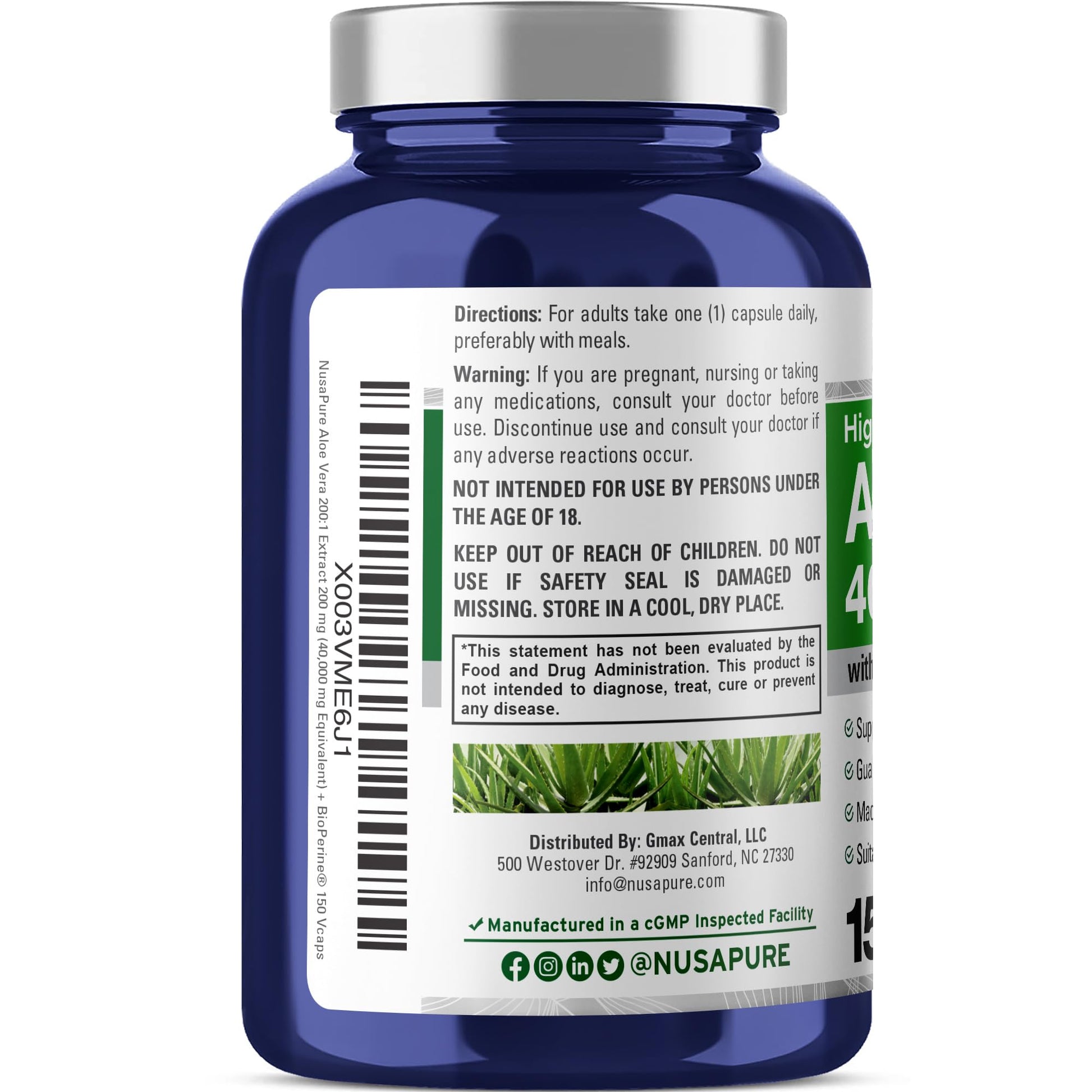 NusaPure Aloe Vera 40,000mg Per Veggie Caps - 150 Count - Aloe Vera Gel Supplement - Extract 200:1, Vegetarian, Non-GMO, Bioperine NusaPureAu supplements