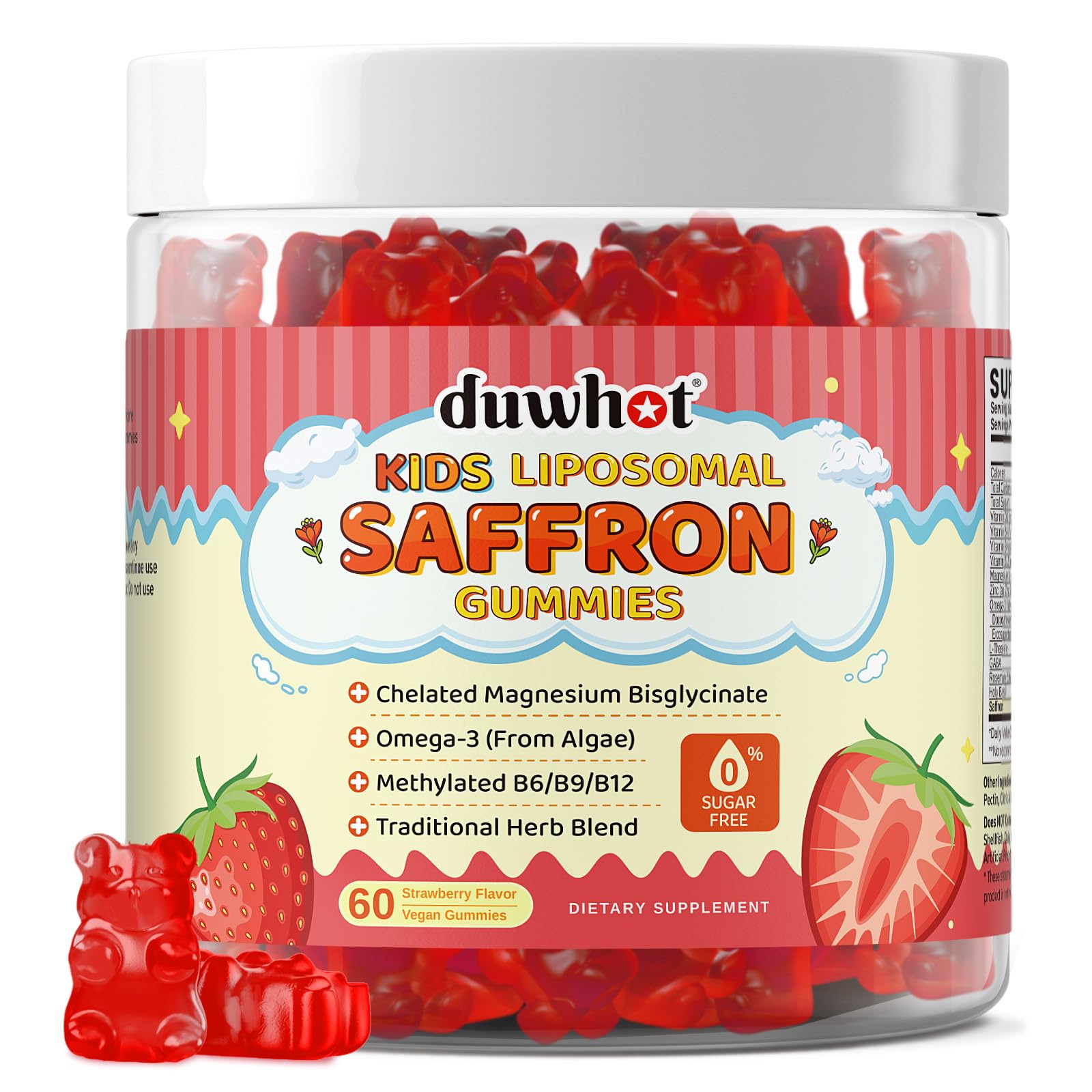 Liposomal Saffron Gummies for Kids 4+, Saffron Supplements w/Holy Basil, Rosemary, Magnesium Glycinate, Omega-3 & More, Brain Focus Support Supplement, Vegan, Organic, Sugar Free, 60 Chewables duwhotAu supplements