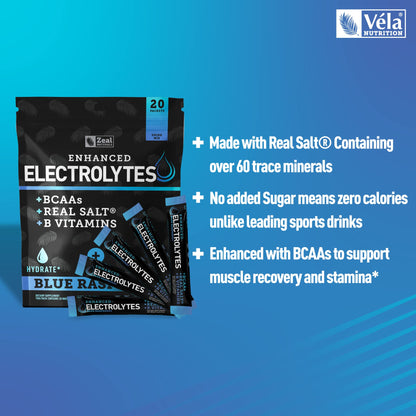 Enhanced Powder Stick Packs (Blue Raspberry - 20 Packets) Sugar Free + BCAA B-Vitamin Zeal NaturalsUS supplements