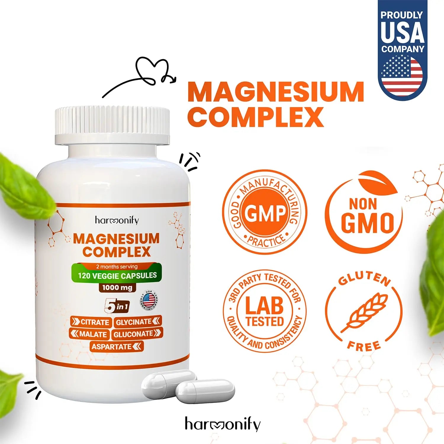 HARMONIFY Magnesium Glycinate Citrate Malate Aspartate Gluconate, 5 in 1 Formula, 120 Purified Veggie Capsule, 1000 mg, Gluten Free, Non-GMO, 60 Days Serving HARMONIFYnz supplements