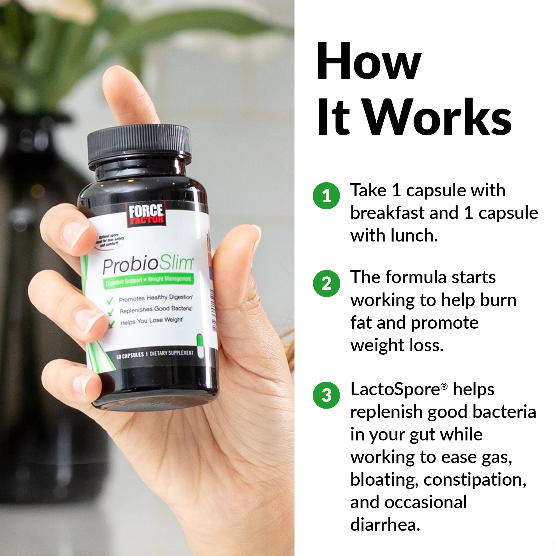 Force Factor ProbioSlim Probiotics for Women and Men, Probiotics for Digestive Health to Reduce Bloating, Gas, & Occasional Diarrhea, with Prebiotics, LactoSpore, & Green Tea for Energy, 60 Capsules ProbioSlimAu supplements