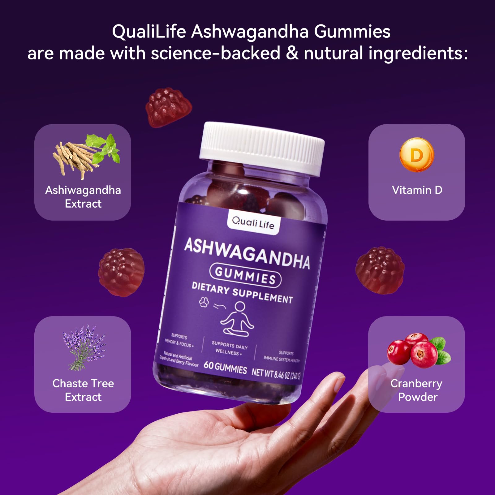 QualiLife Ashwagandha Gummies for Relax & Cortisol Support – High Strength Root Extract with Cranberry & Chaste Tree, Grapefruit & Berry Flavour – Vegan, Non-GMO, Gluten-Free – 60 Gummies (30 Days) QualiLifeAu supplements
