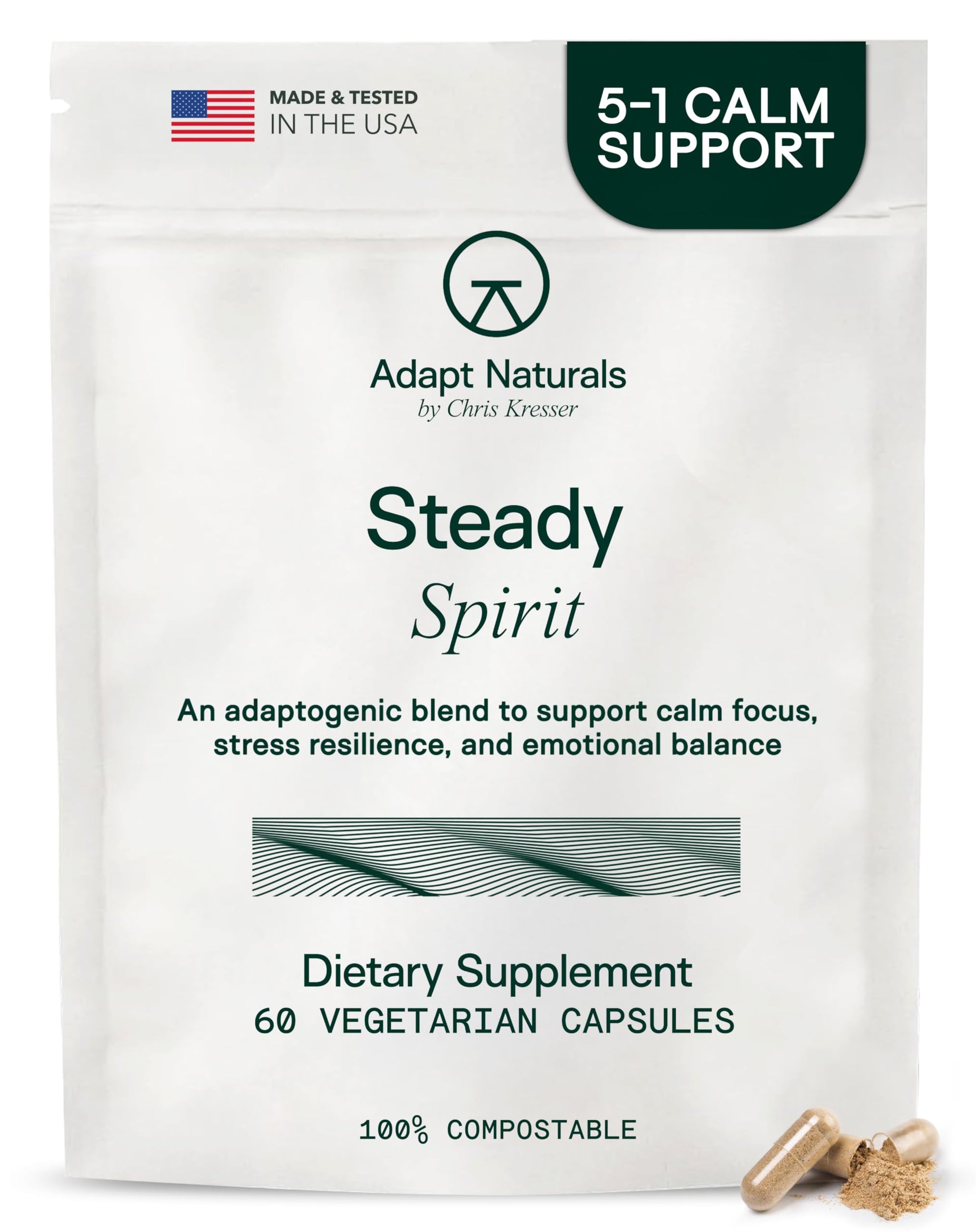 Adapt Naturals Steady Spirit Stress, Anxiety & Mood Support Supplement for Women and Men with Ashwagandha, L-Theanine, Holy Basil, Saffron, and Lemon Balm - Stress Relief Supplement - 30 Day Supply ADAPT NATURALS BY CHRIS KRESSERAu supplements