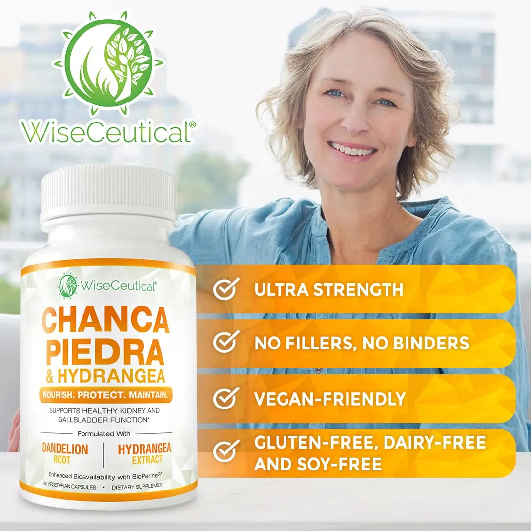 Max Strength Chanca Piedra, Hydrangea & Dandelion Root - Natural Kidney & Gallbladder Formula - Stone Breaker, Flush Impurities, Cleanse Urinary Tract - Enhanced with BioPerine. 60 Veggie Capsules. WiseceuticalAu supplements