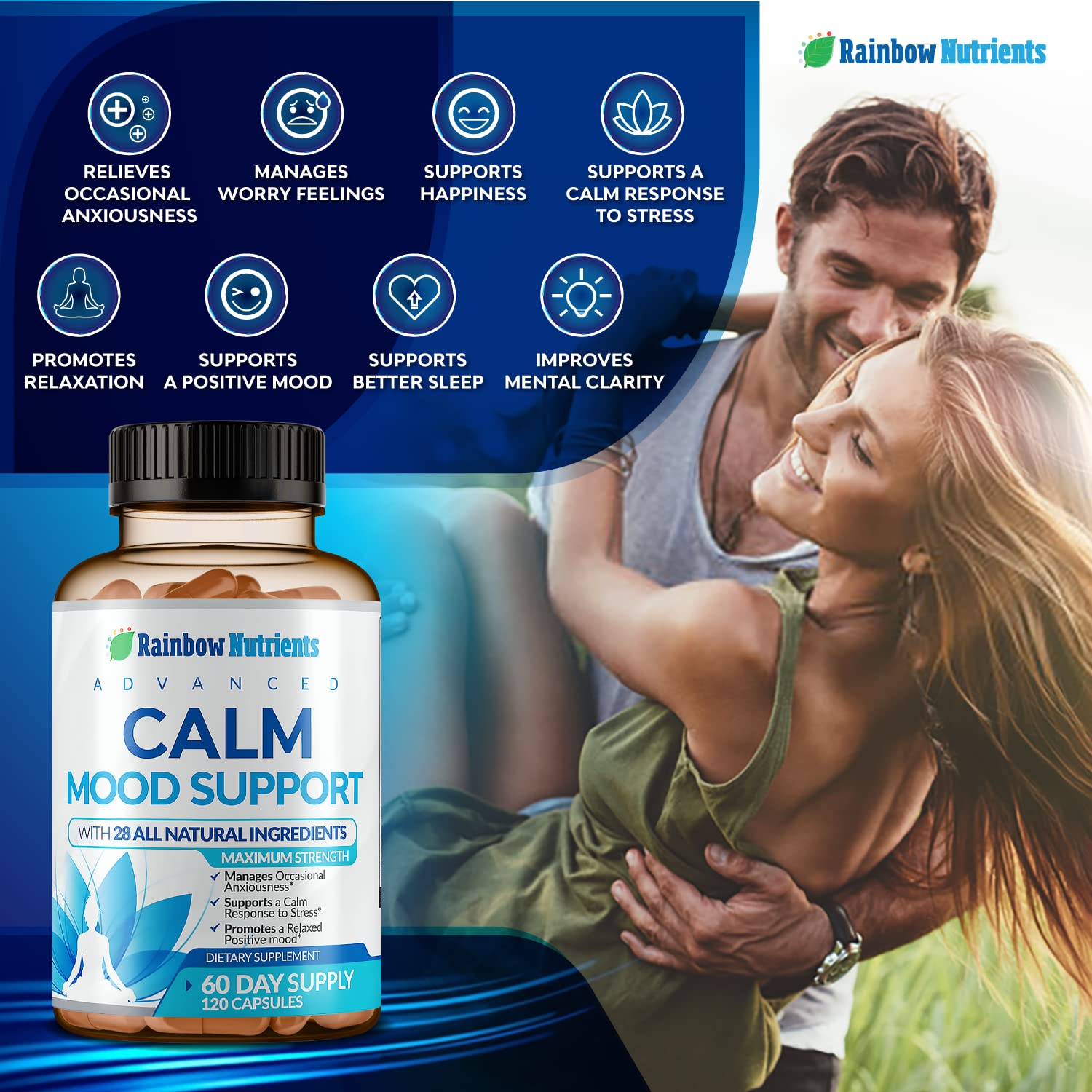 28 in 1 Calm Mood Support Supplement- Natural Happy Pills for Occasional Anxiousness & Stress, Worry feelings, Relaxation, Mental Clarity | Max Sleep & Mood Support for Women & Men|120 Vegan Capsules Rainbow Nutrients, LLCAu supplements