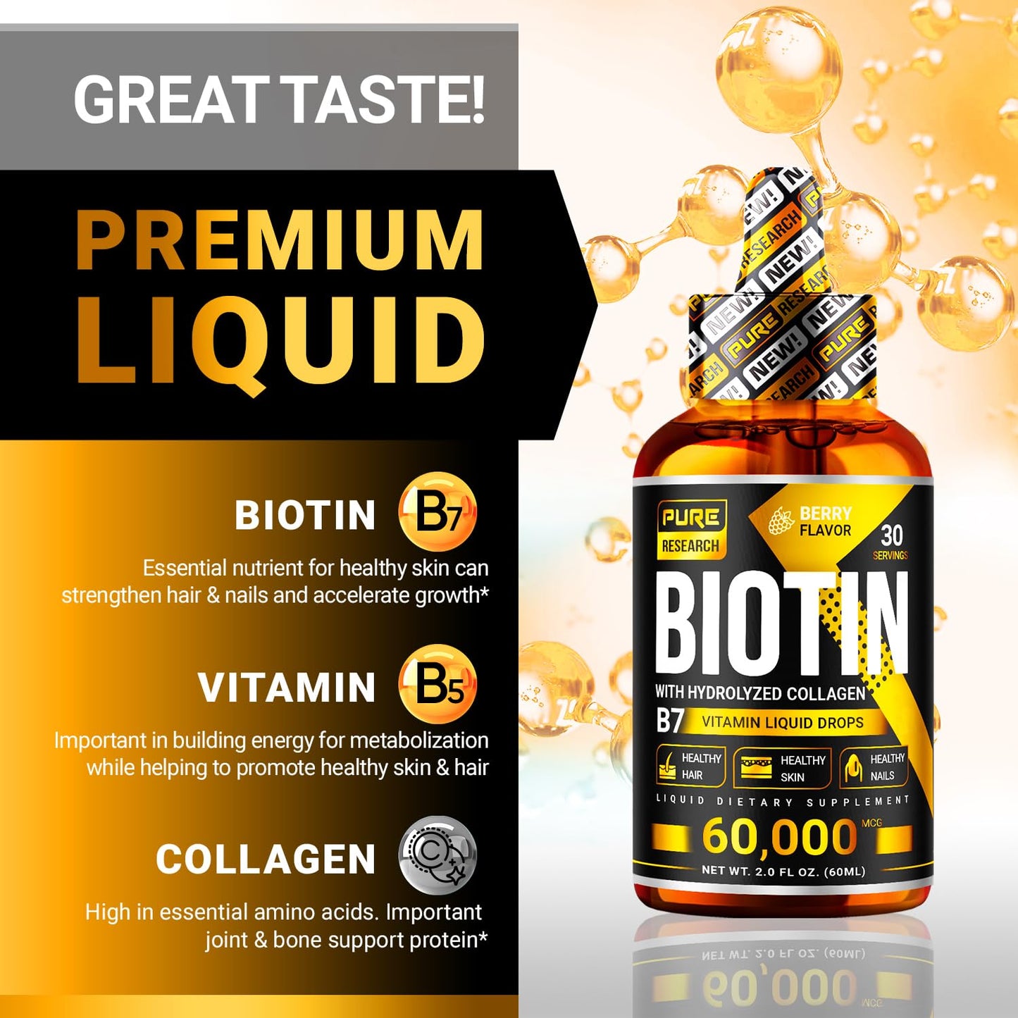 PURE RESEARCH Liquid Biotin & Collagen Hair Growth Drops 60,000mcg – Biotin and Liquid Collagen Supplements for Women & Men – Supports Glowing Skin PURE RESEARCHUS supplements