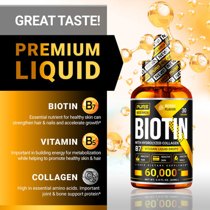 PURE RESEARCH Liquid Biotin & Collagen Hair Growth Drops 60,000mcg – Biotin and Liquid Collagen Supplements for Women & Men – Supports Glowing Skin PURE RESEARCHUS supplements