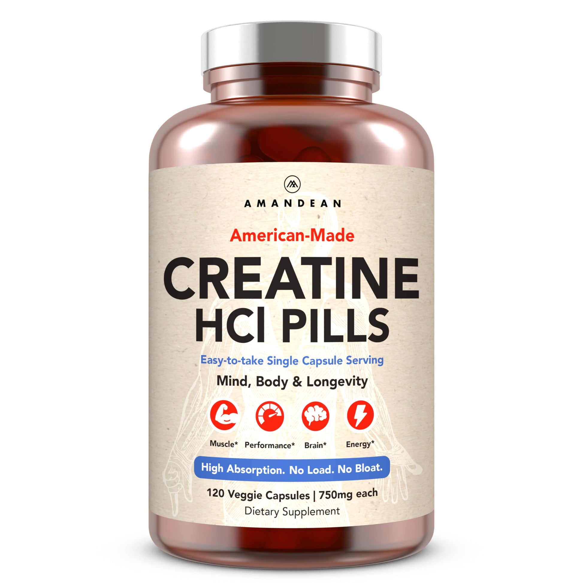 AMANDEAN Creatine HCl Pills. American Made CON-CRET. 120 Capsules. 7X Concentrated vs Monohydrate Powder. No Bloat. Muscle, Energy, Cognitive, Recovery Support for Men & Women. Gluten Free, Non-GMO. AMANDEANAu supplements