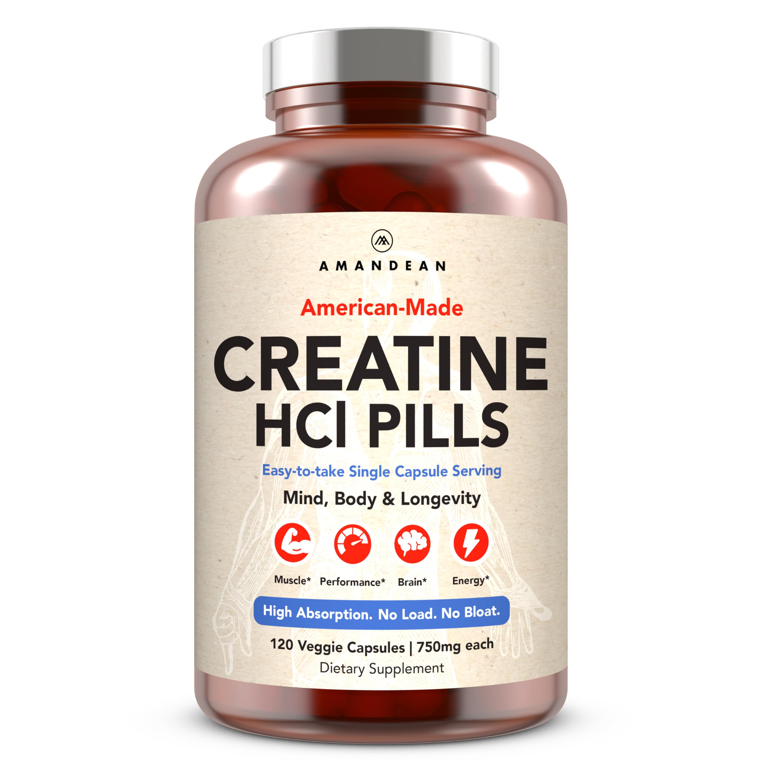 AMANDEAN Creatine HCl Pills. American Made CON-CRET. 120 Capsules. 7X Concentrated vs Monohydrate Powder. No Bloat. Muscle, Energy, Cognitive, Recovery Support for Men & Women. Gluten Free, Non-GMO. AMANDEANAu supplements
