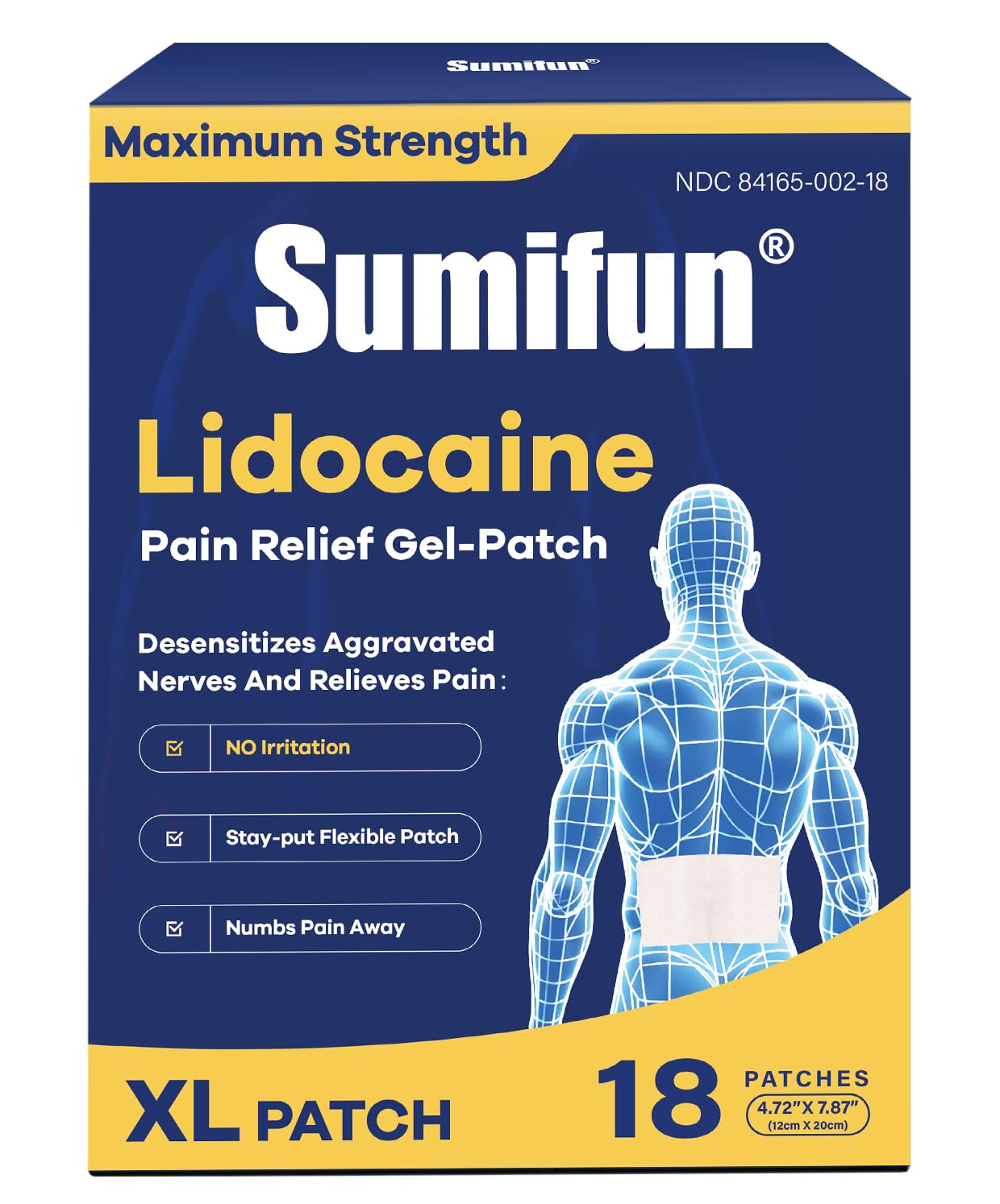 Sumifun 4% Lidocaine XL Pain Patches | Extra Large 4.72"x7.87" for Full Back & Thigh Coverage | Maximum Strength OTC Numbing | 8-Hour Medical Adhesion (X-Large, Count, 18) SumifunAu supplements