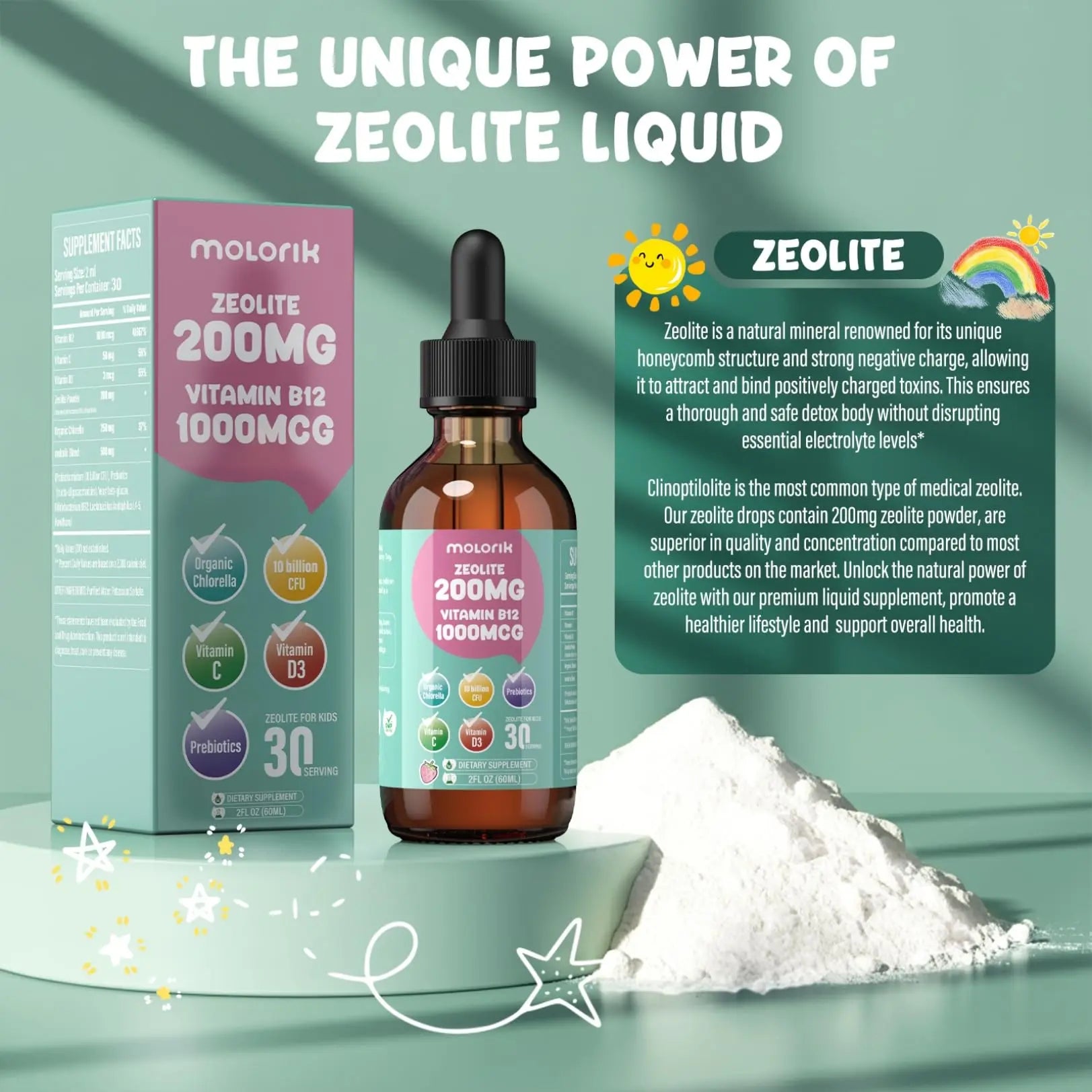Zeolite Detox for Kids and Adults, 200mg Zeolite Liquid Drops with 1000mcg Vitamin B12, Organic Chlorella, 10 billion CFU & Prebiotics for Gut Support & Speech, Immune, Bone, Energy*, Strawberry, 60ML molorik purenz supplements