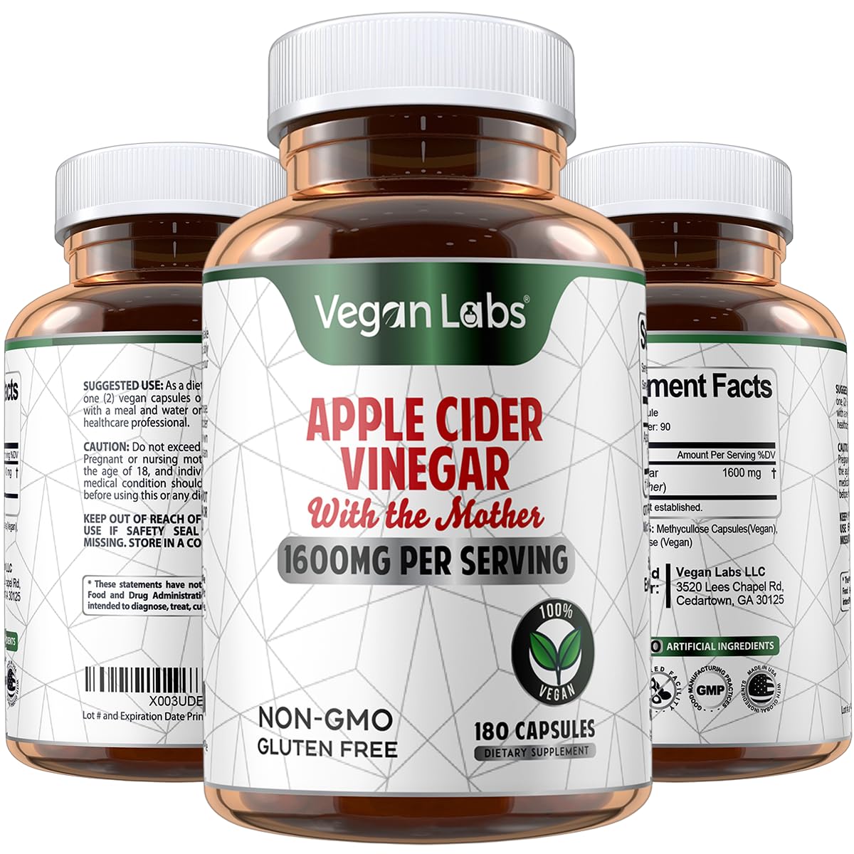 Vegan Labs Apple Cider Vinegar Capsules with The Mother- 180 Vegan Capsules Vegan LabsUS supplements
