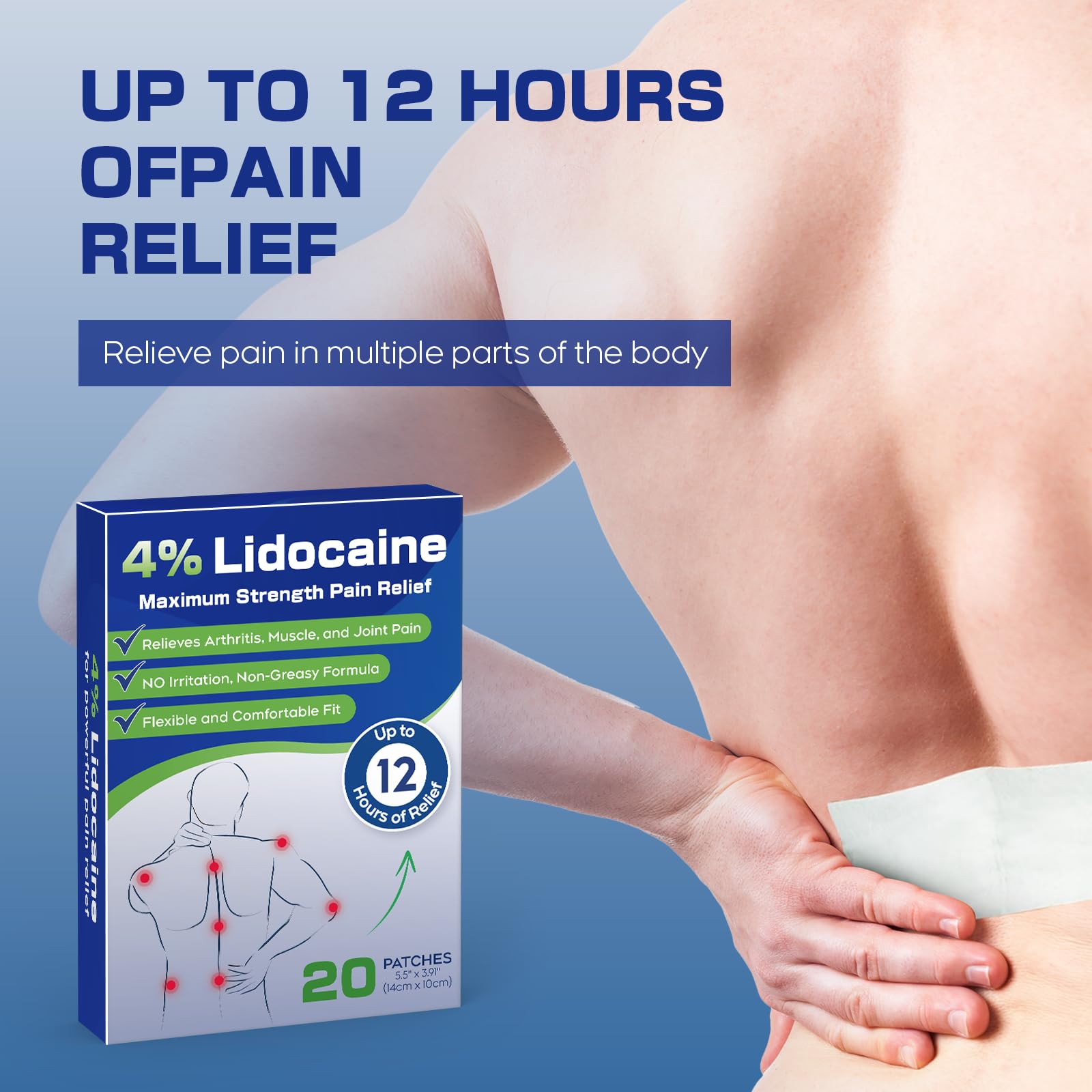 Uposiut 4% Lidocaine Patches - 20 Count Maximum Strength Lidocaine Patches, 10 Packs of 2 Patches for Muscle Pain Relief in The Neck, Shoulders, Back, Knees, and Anks, 12 Hour Pain Relief-012345 UposiutAu supplements