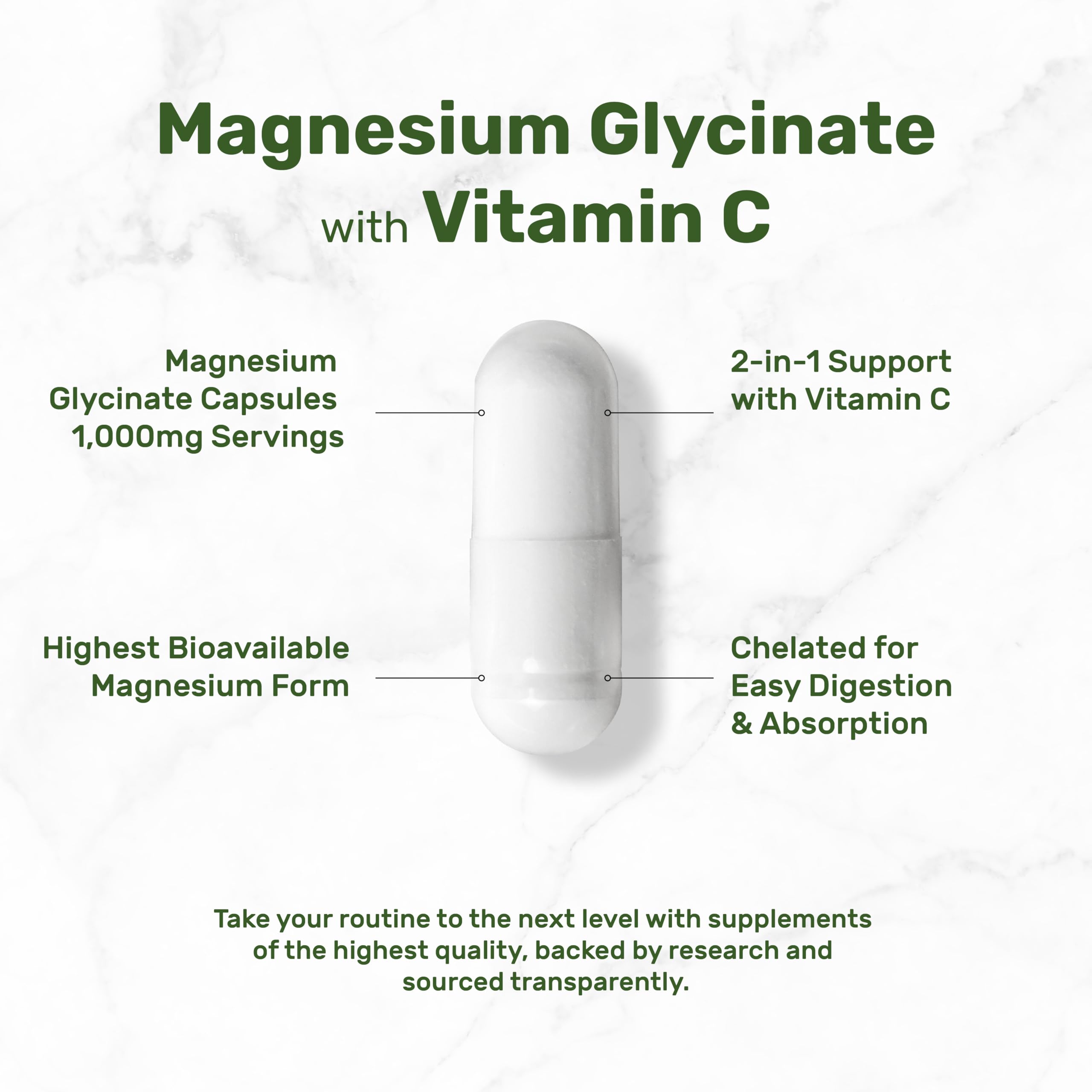 Magnesium Glycinate 500mg Per Capsule (1000mg Per Serving) Plus Vitamin C, 240 Capsules – 100% Chelated for Easy Absorption