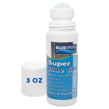 Super Blue Stuff Natural Pain Relief roll on with Emu Oil by BlueSpring- Pain relief rub Anti Inflammatory Analgesic Cream for Back, Knee, Joint, Muscle, Arthritis, and neck Pain Relief- 3 Oz roll-on. Emu TherapyAu supplements