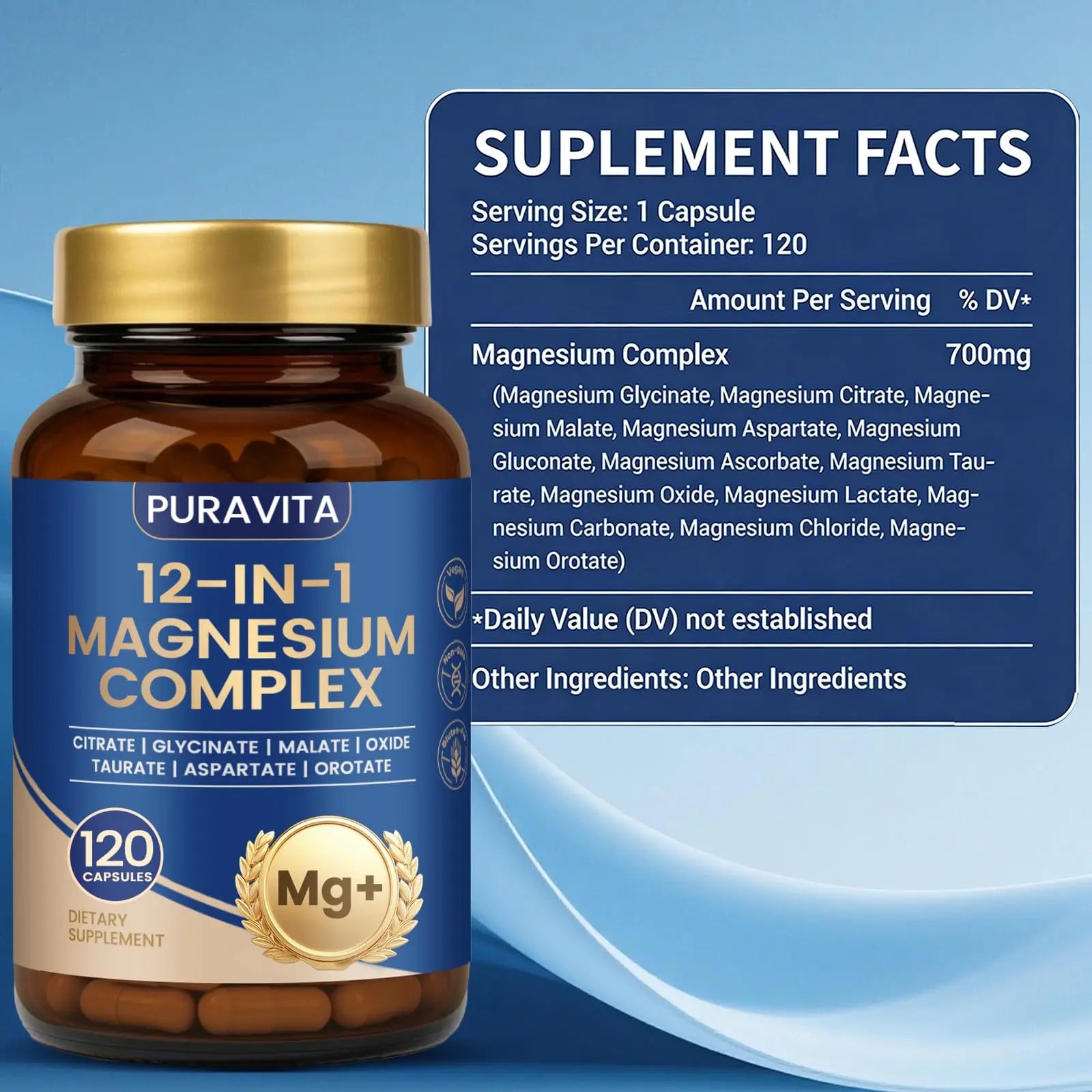Puravita Magnesium Complex - Puravita 12 in 1 Magnesium Supplement with Glycinate, Citrate, Malate, Oxide, Taurat & More for Muscle, Nerve & Sleep Support, 120 Count PURAVITAnz supplements